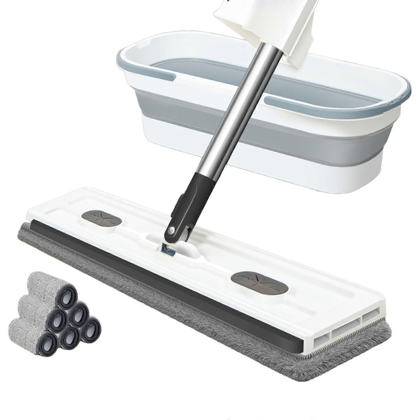 Large Flat Mop With 6 Absorbent Pad And Foldable Bucket For Home Office Efficient Cleaning Rotating Mop Head Design White