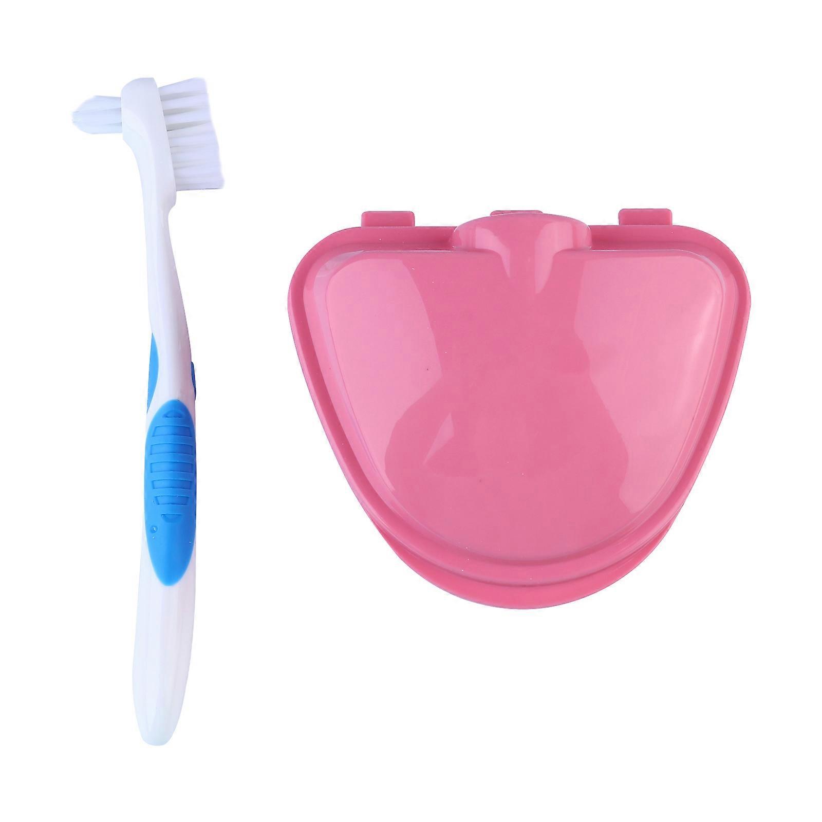 Denture Storage Case With Brush For Denture Users 8X7.5Cm Red Portable Cleaning 1Pcs