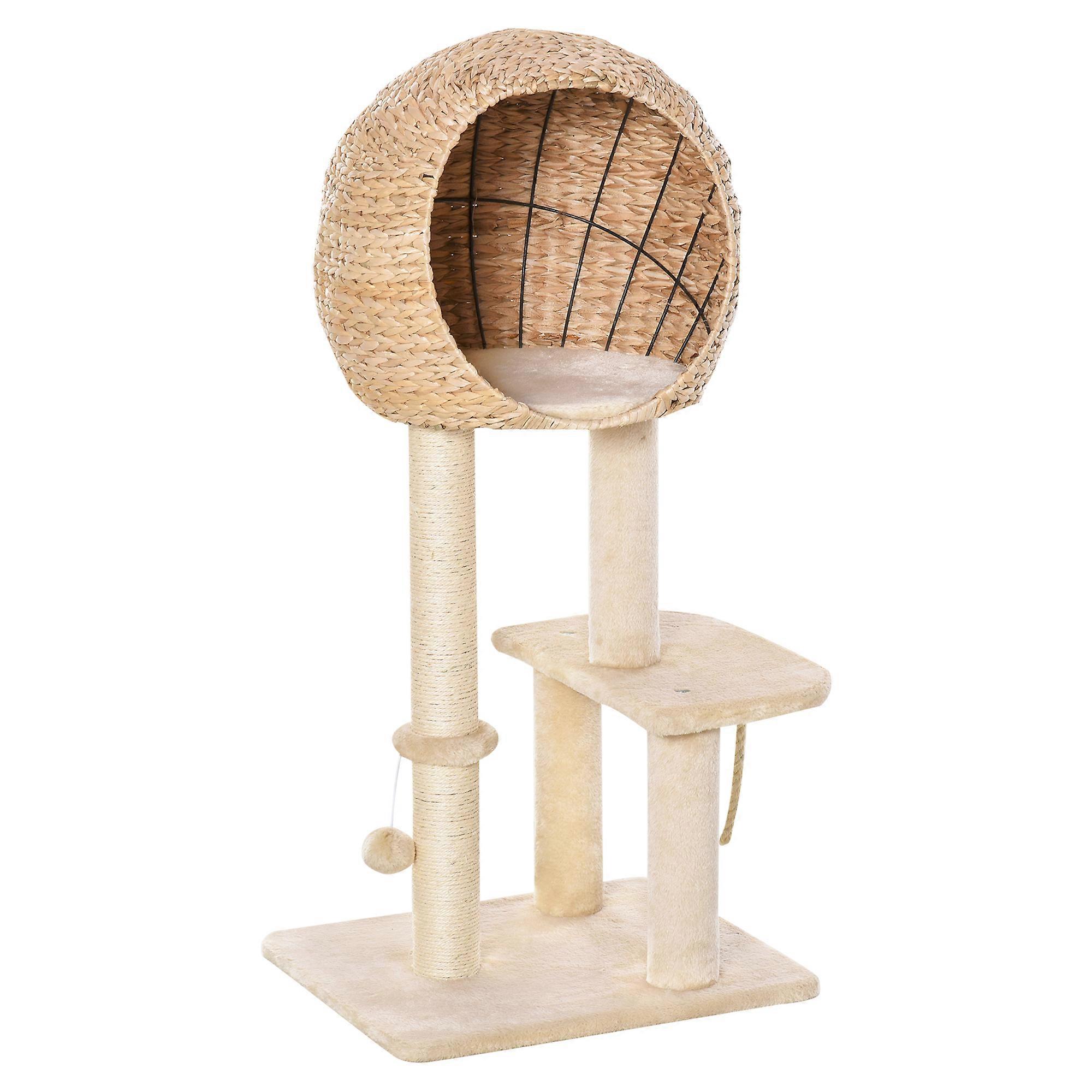 PawHut Cat Tree Cave 100cm High Small Cats Sisal Scratching Post Beige
