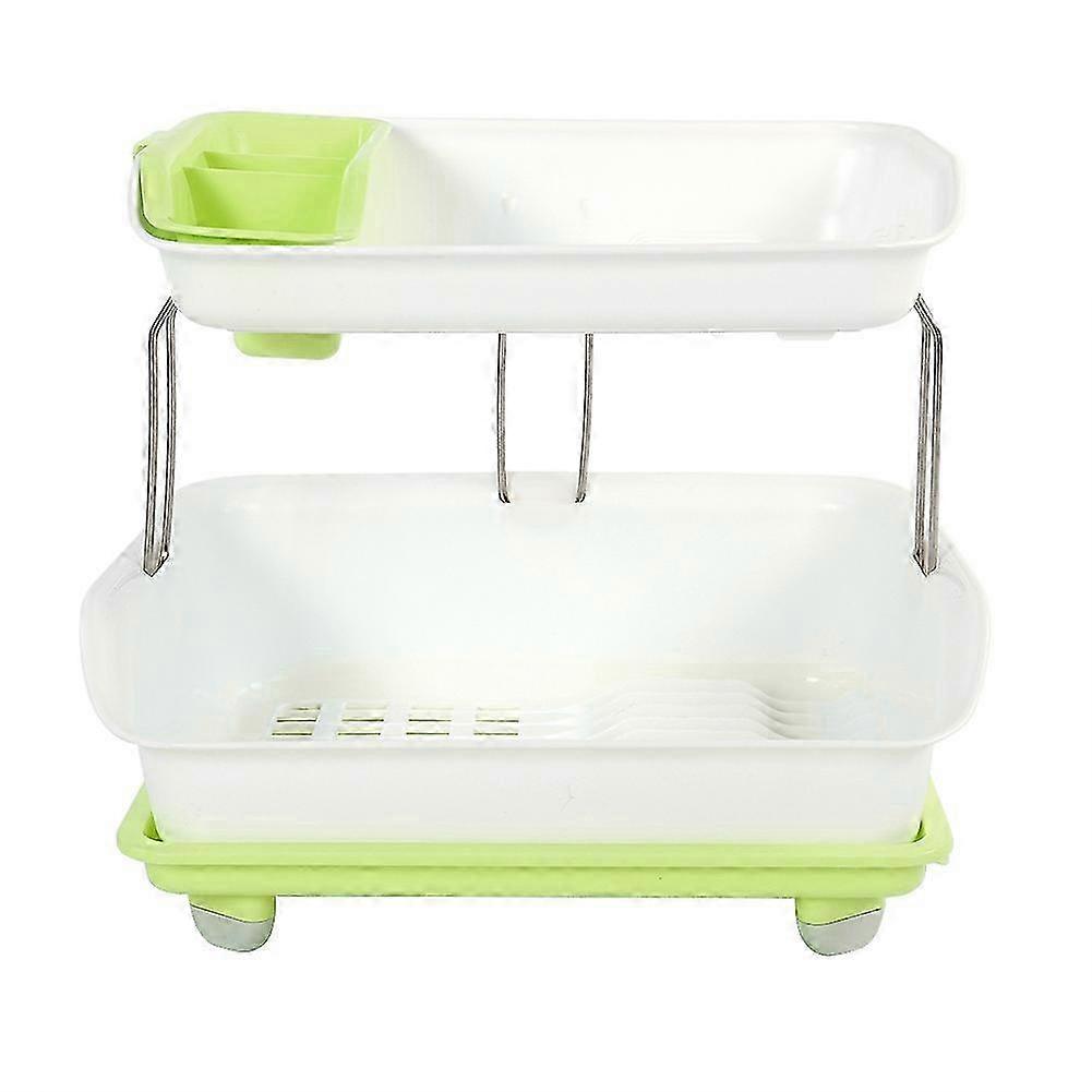 Double Tier Dish Drying Rack with Rotatable Drainer Tray (Green) 25-26