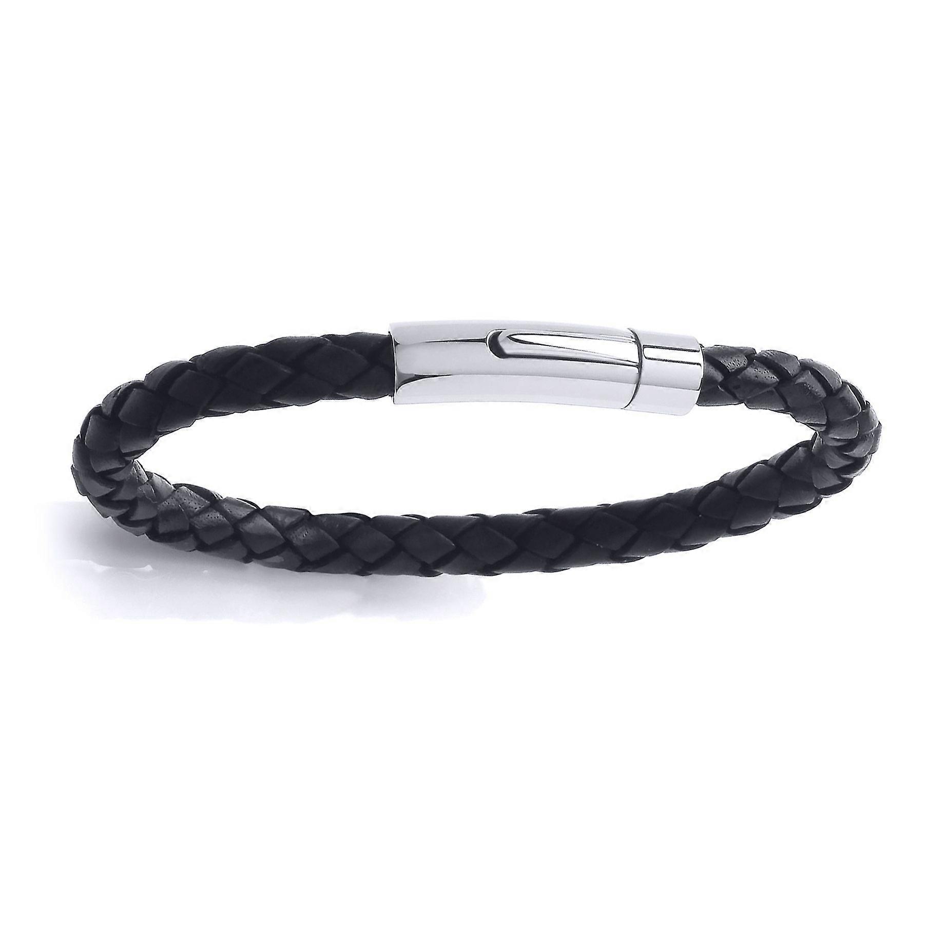 Jewelco London 男士镀铑不锈钢黑色皮革镀金袖口手链 6 毫米 8 英寸