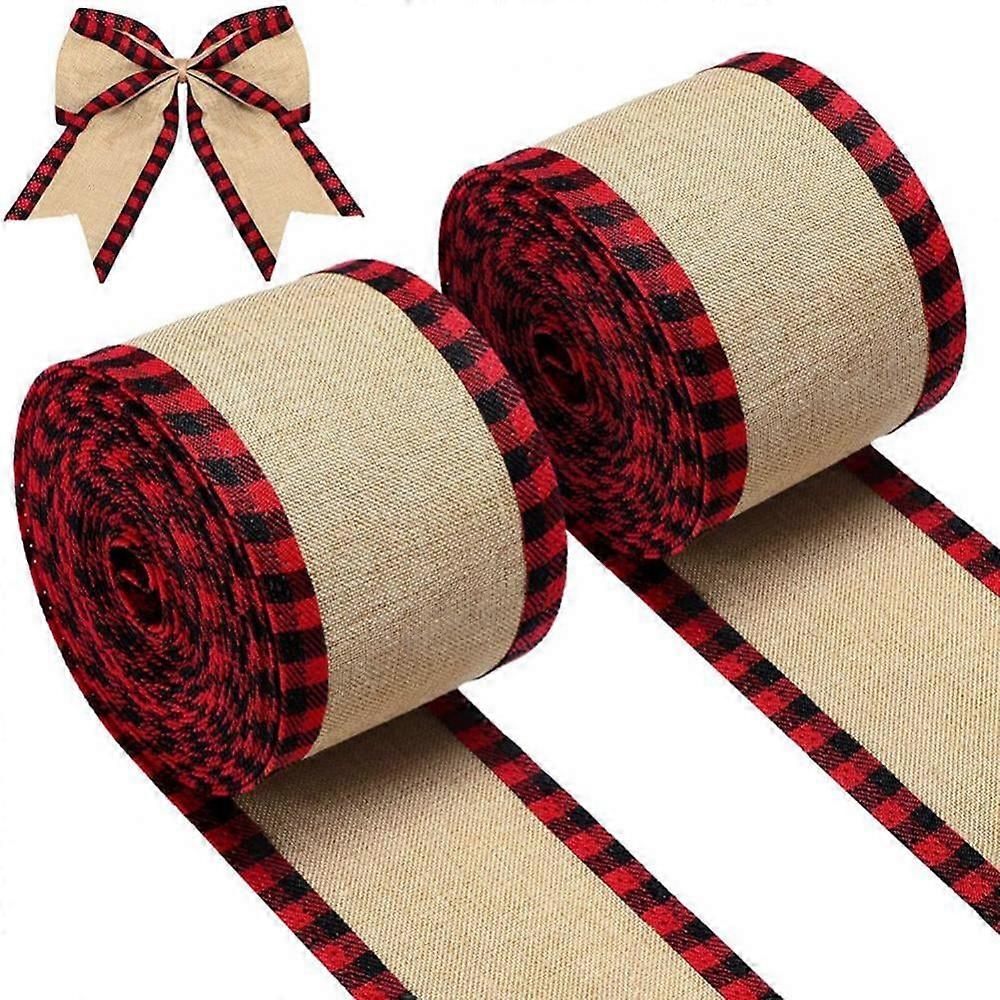 2 Rolls Burlap Wired Ribbon with Buffalo Plaid Edge, Checkered Craft Mesh for Gift Wrapping, Christmas Decorations