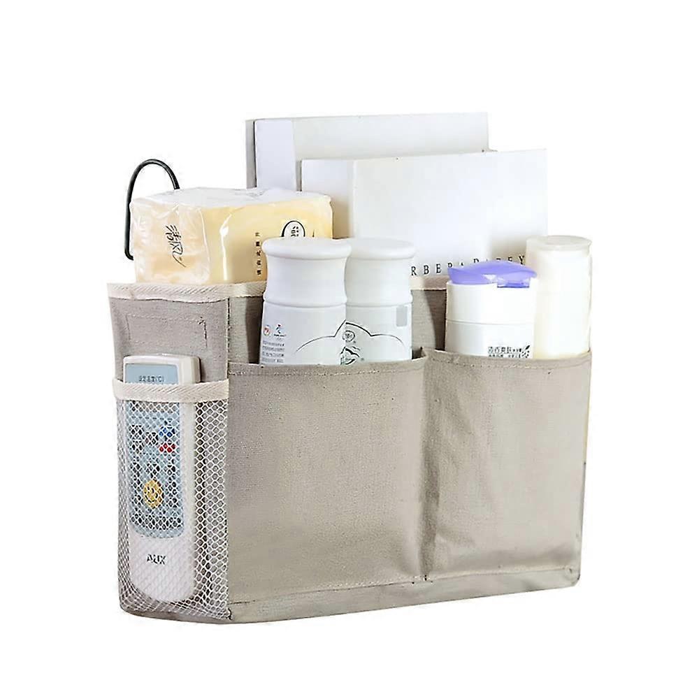 Bedside Hanging Storage Bag with Hooks, Cotton Linen Organizer for Dormitory Bunk Bed, Grey