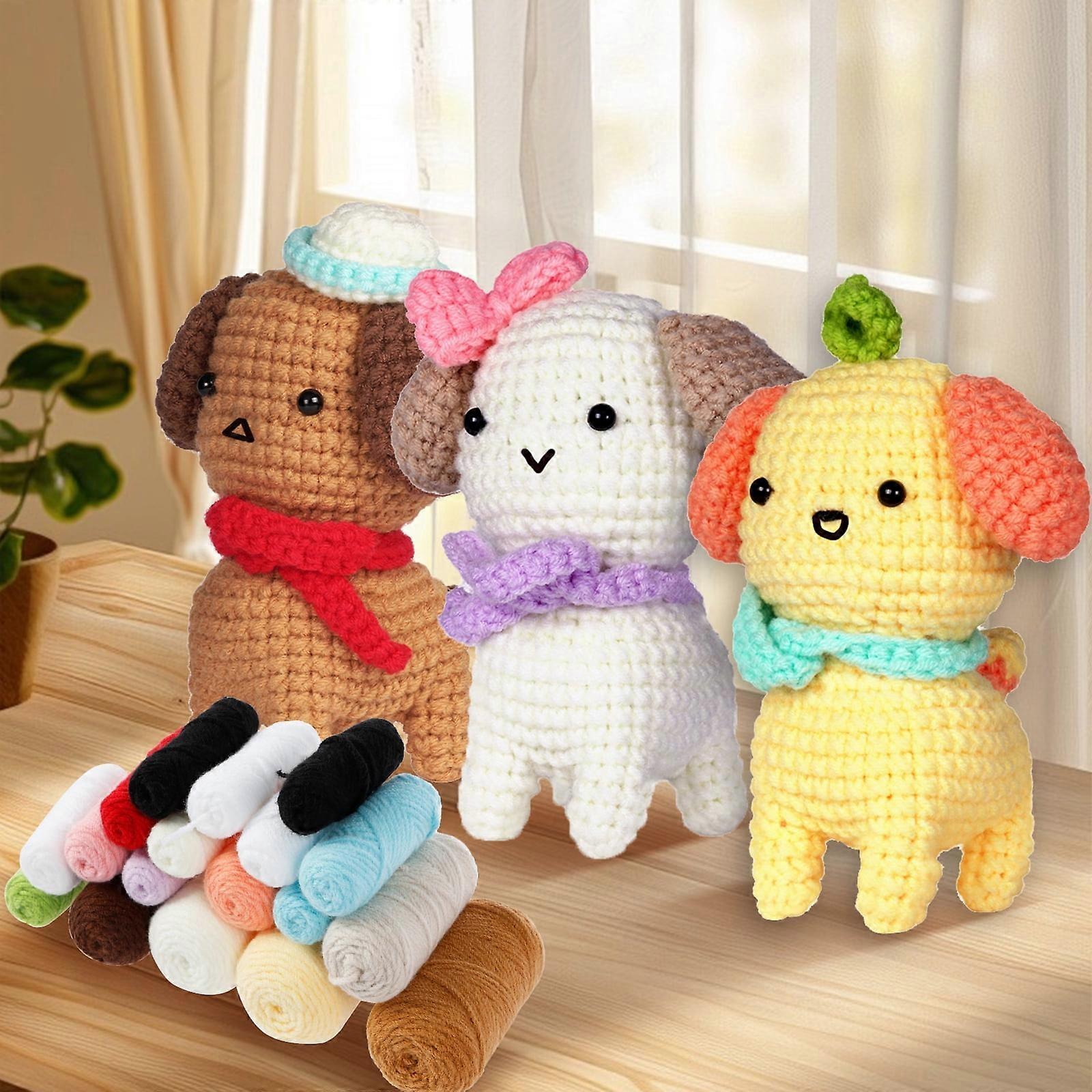 6Pcs Crochet Kit for Beginners, Cute Crochet Dog Kit, Complete Starter Set with Tutorial Video, Easy to Learn Knitting DIY Craft for Adults & Kids