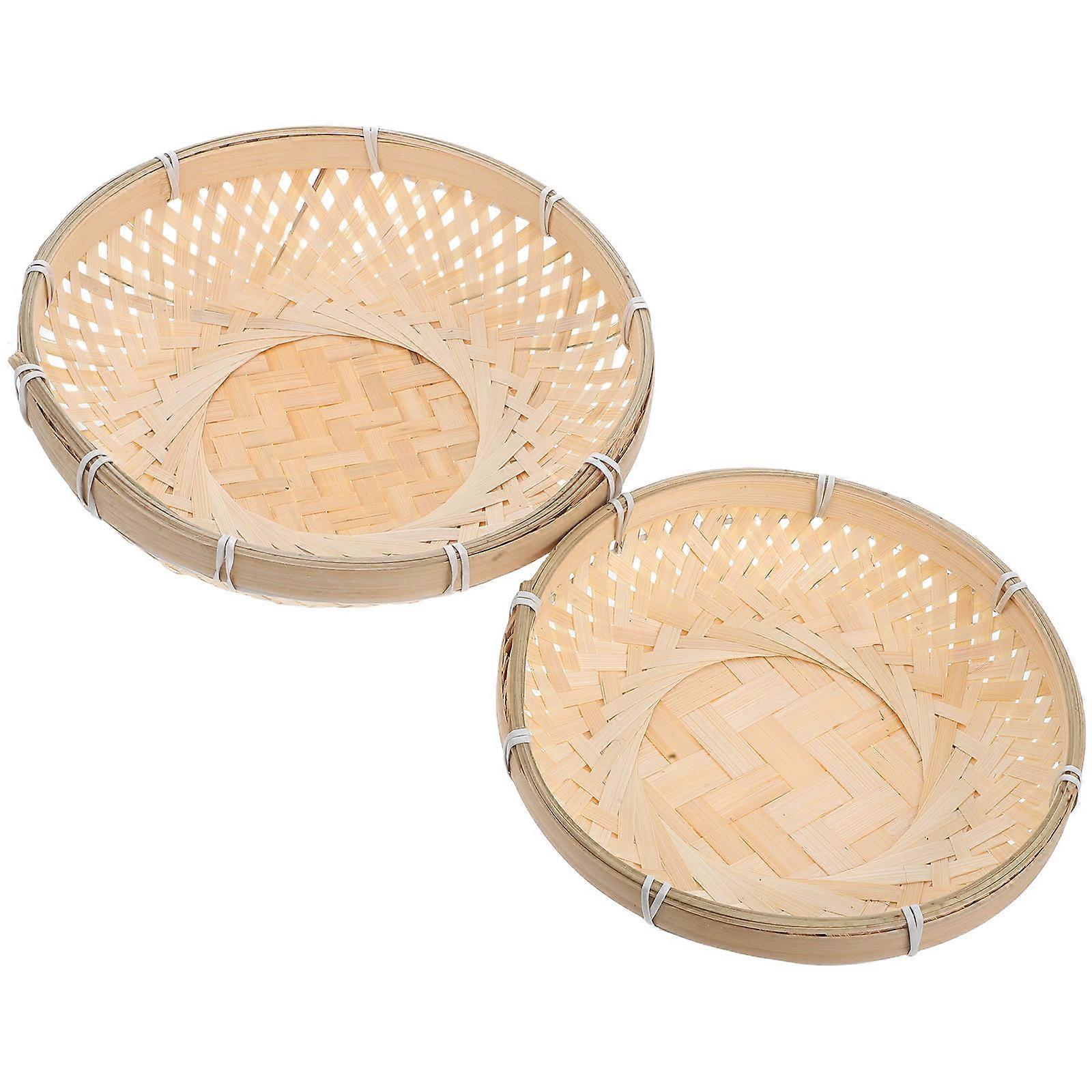 Woven Basket Tray Handmade Fruit Storage Flat Round Shallow Tray 2Pcs