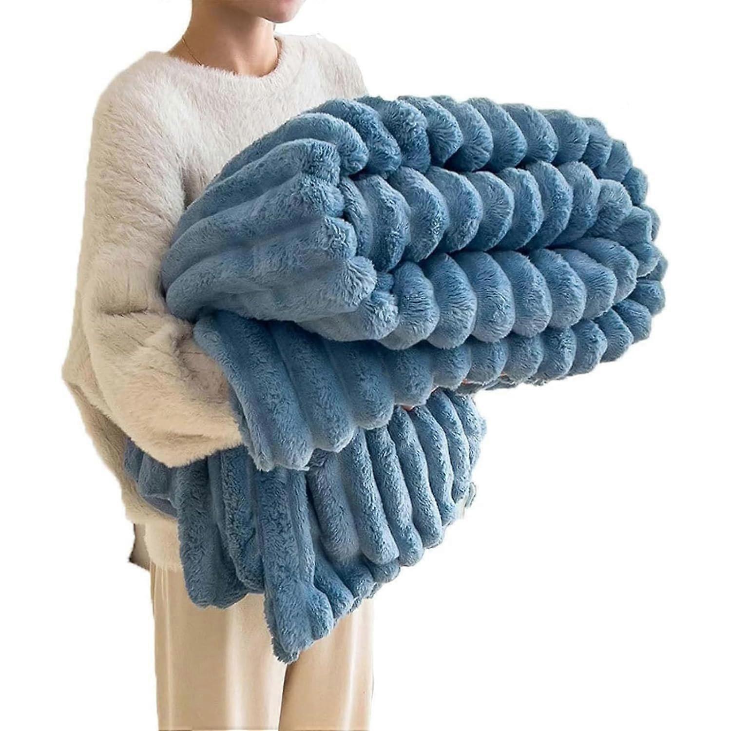 Plush Throw Blanket Faux Rabbit Fur Dual Layer Soft Flannel Oversized Warm Sofa Bed Blue 59x79in