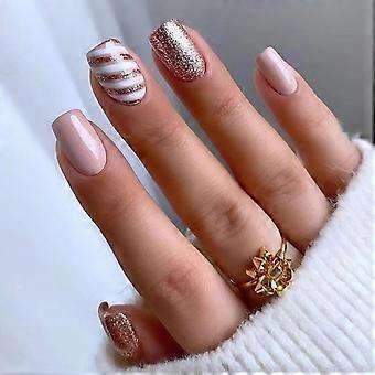 Short Square Press On Nails with Pink Ribbon, Reusable Glue On Fake Nails for Women, SalonQuality Finish
