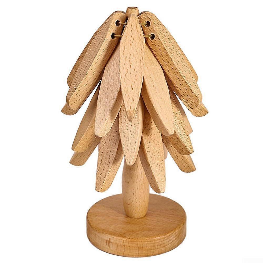 Wooden Tree Shape Trivet Set with Self Unfolding Design and Decorative HeatPatterned Texture