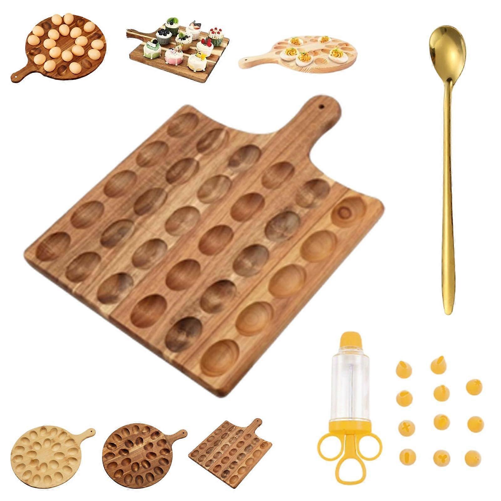 Reversible Wooden Deviled Egg Tray with Handle, Dual Sided Serving Board for Parties