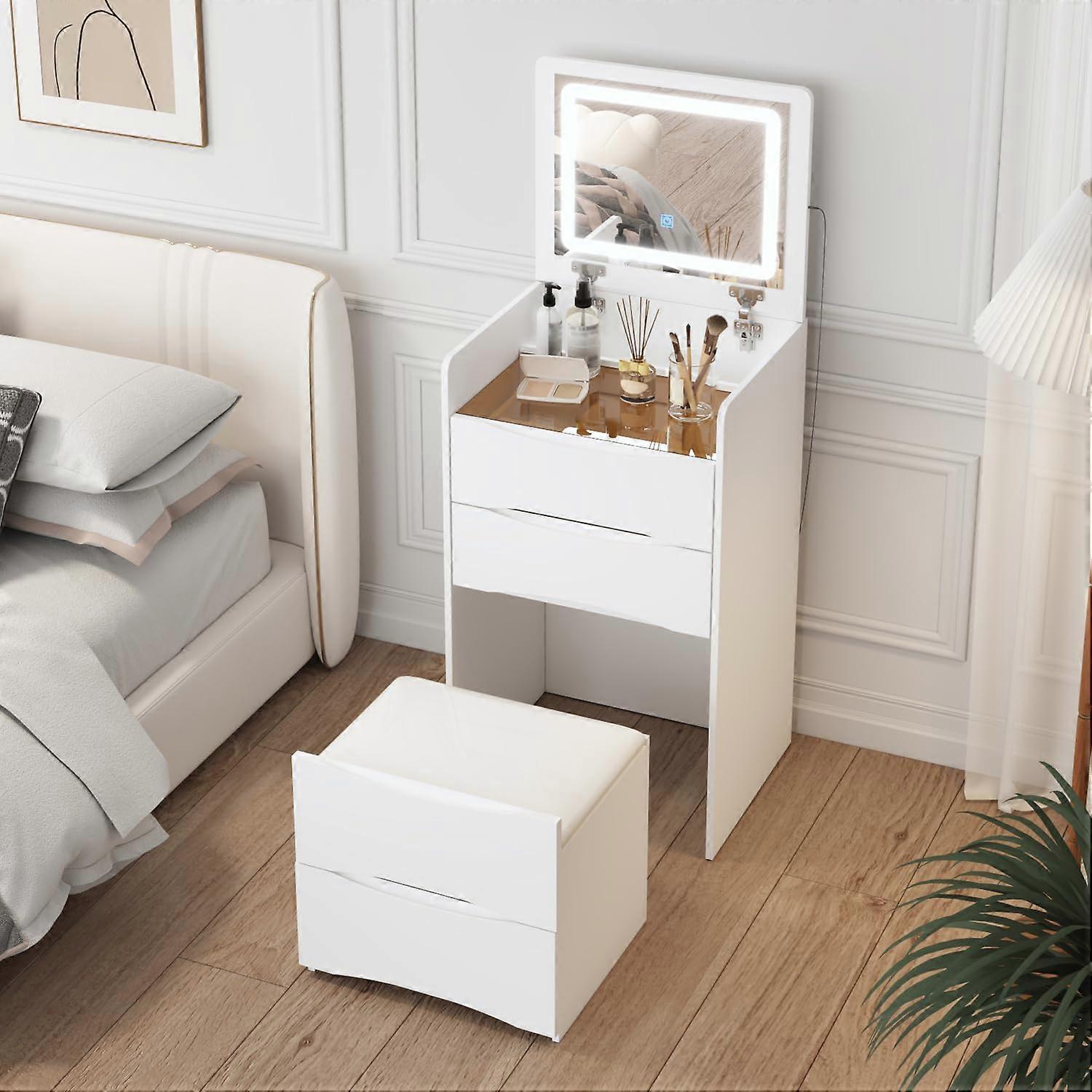 White Vanity Desk with Mirror and Adjustable LED Lights, Glass  Makeup Table with 3 Drawers