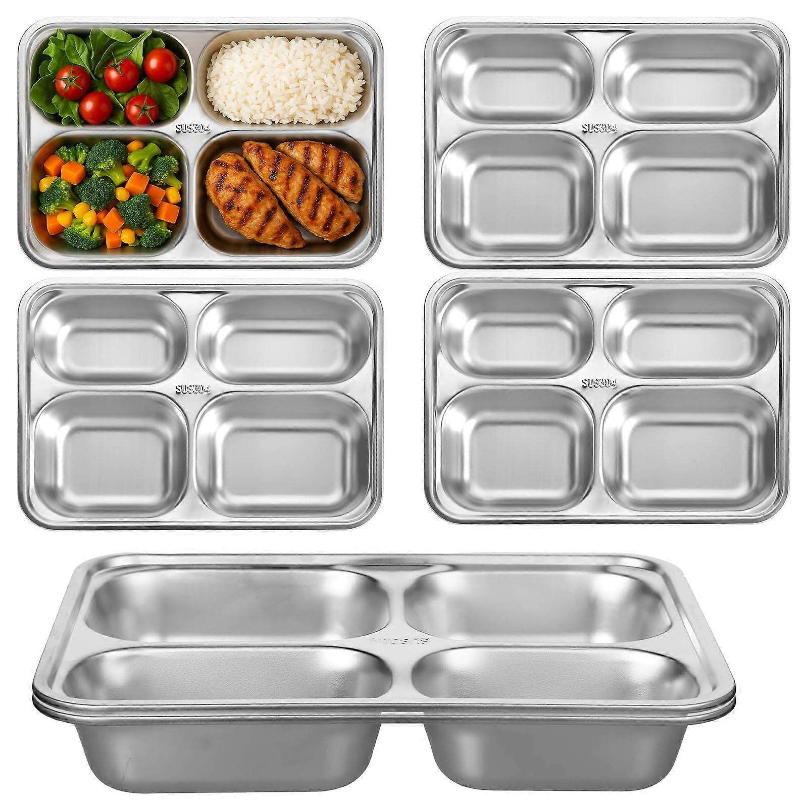 6 Pack Stainless Steel Divided Plates 3 Compartment Rectangular Metal Dinner Tray for Camping and Portion Control