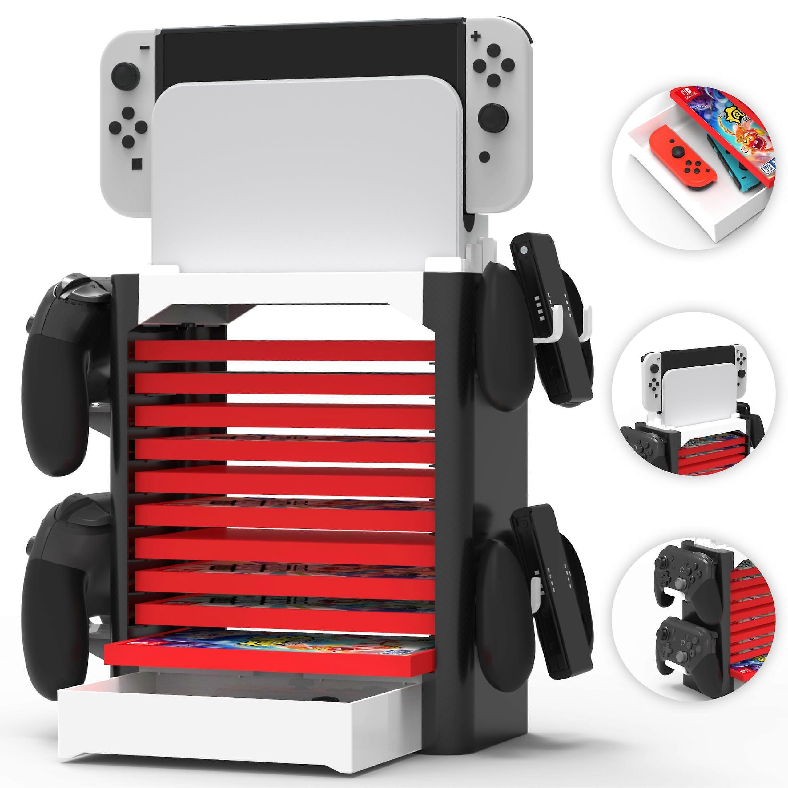 Game Storage Tower for Nintendo Switch with Controller Rack and Drawer, Holds 10 Cases, White