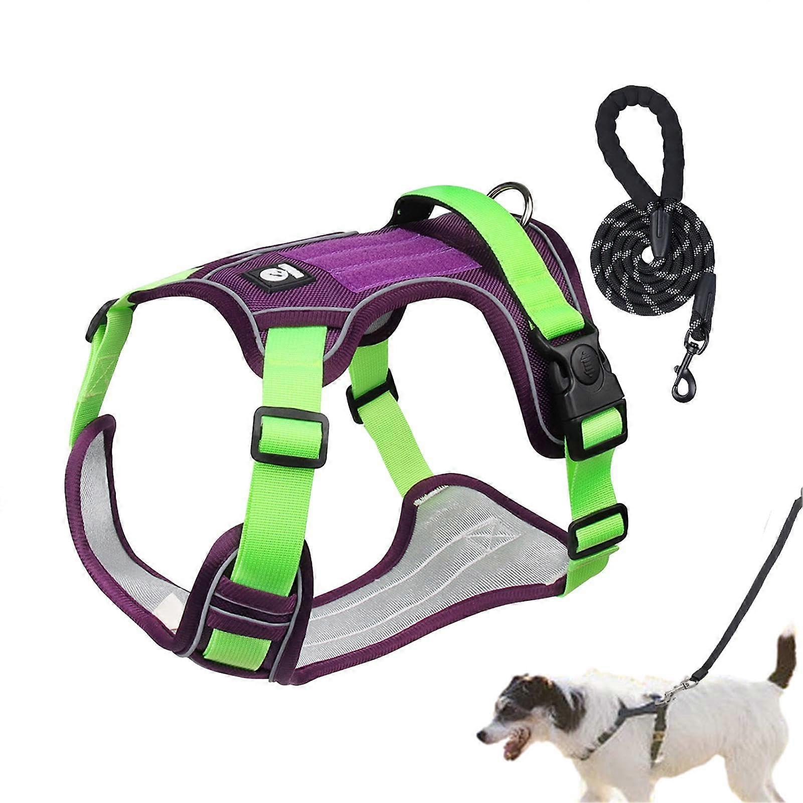No Pull Dog Harness and Leash Set Large Purple, Adjustable with Handle, Reflective and Breathable