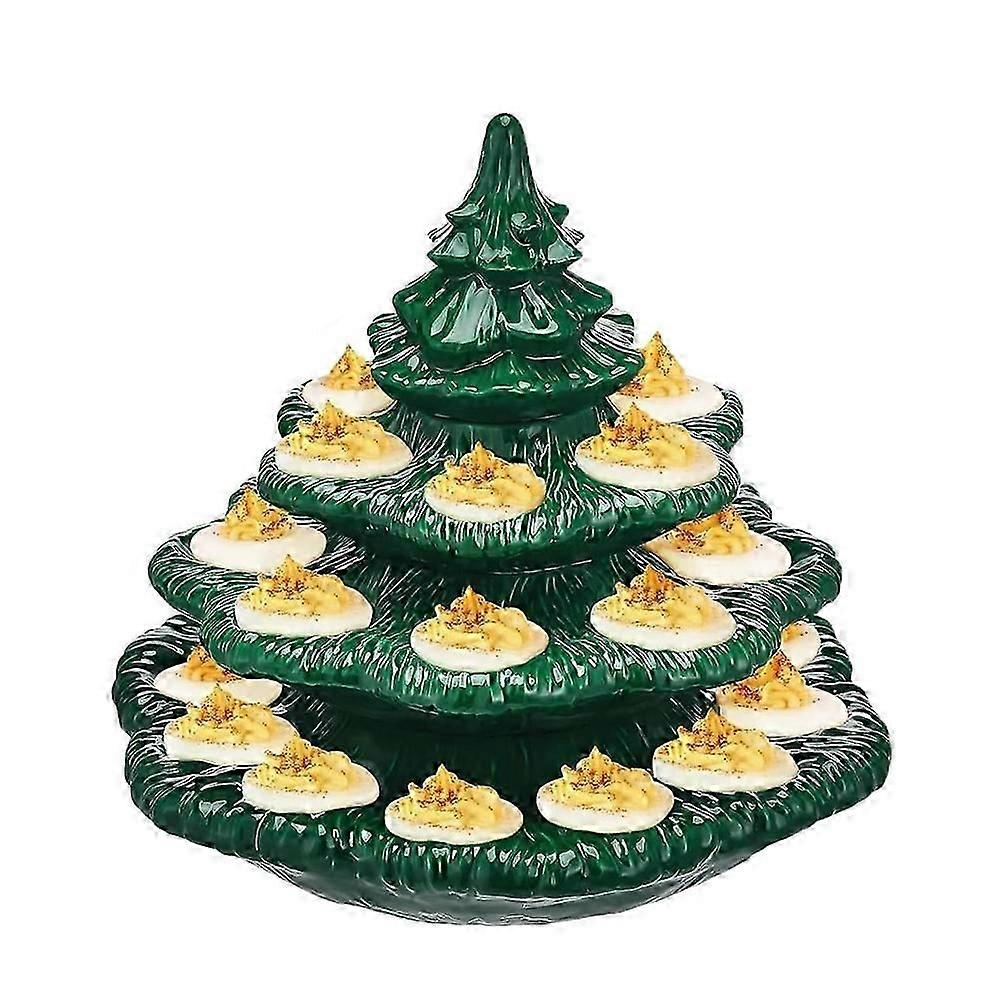 Deviled Egg Christmas Tree, Ceramic Christmas Tree Deviled Egg Platter, Reusable Holiday Deviled Oval Tray with Lid