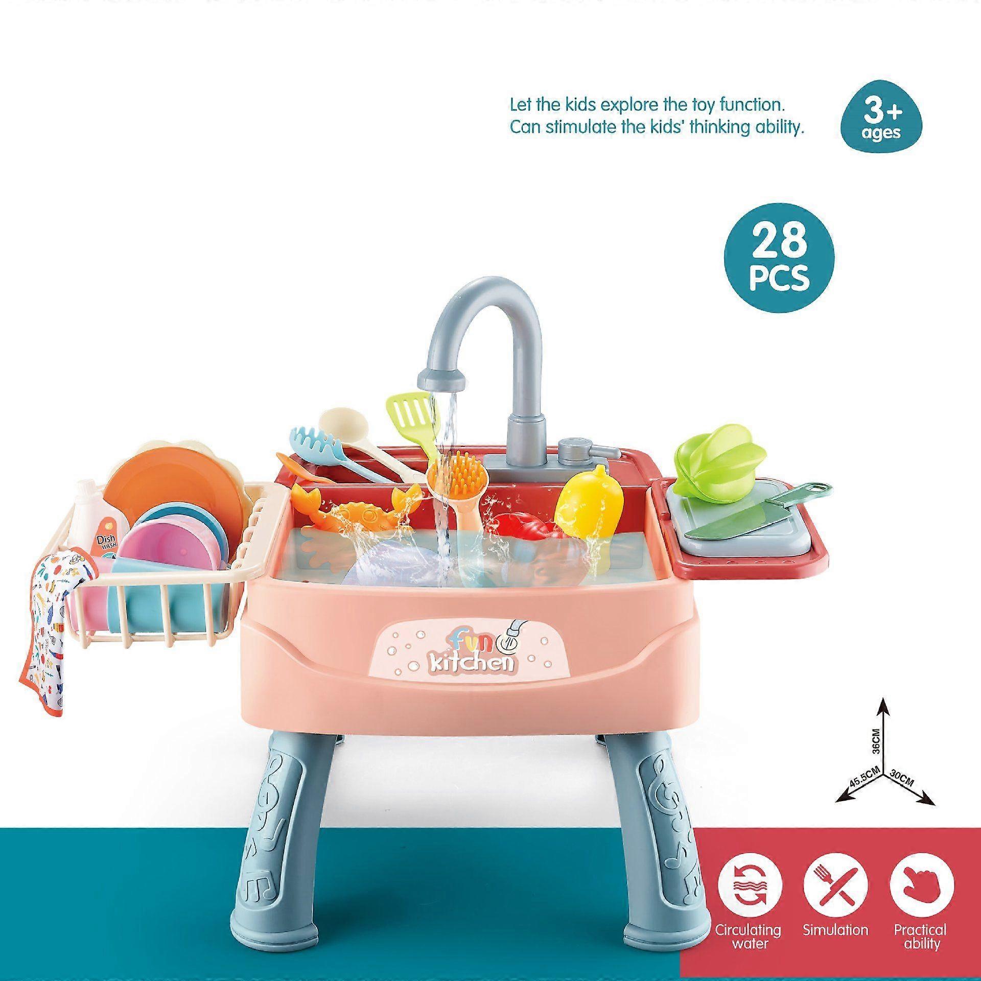 Pink 28pcs Simulation Dishwasher Circulation Electric Water Kitchen Set