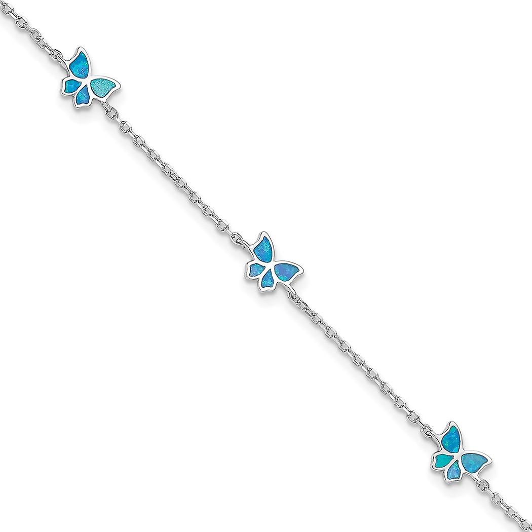 7mm 925 Sterling Silver Rhodium Plated Blue Created Opal Butterflies Plus .5in Extension Anklet Le 9 Inch-Anklet for Wom