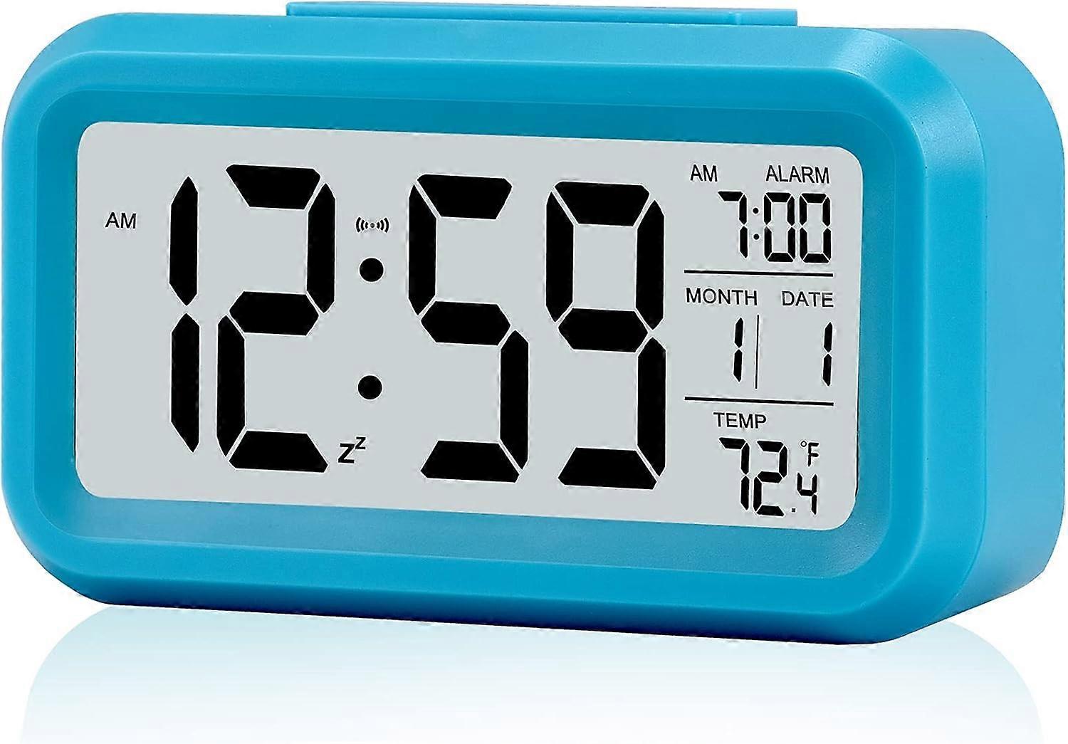 Digital alarm clock Small battery-operated desk clocks with date Internal temperature - Blue