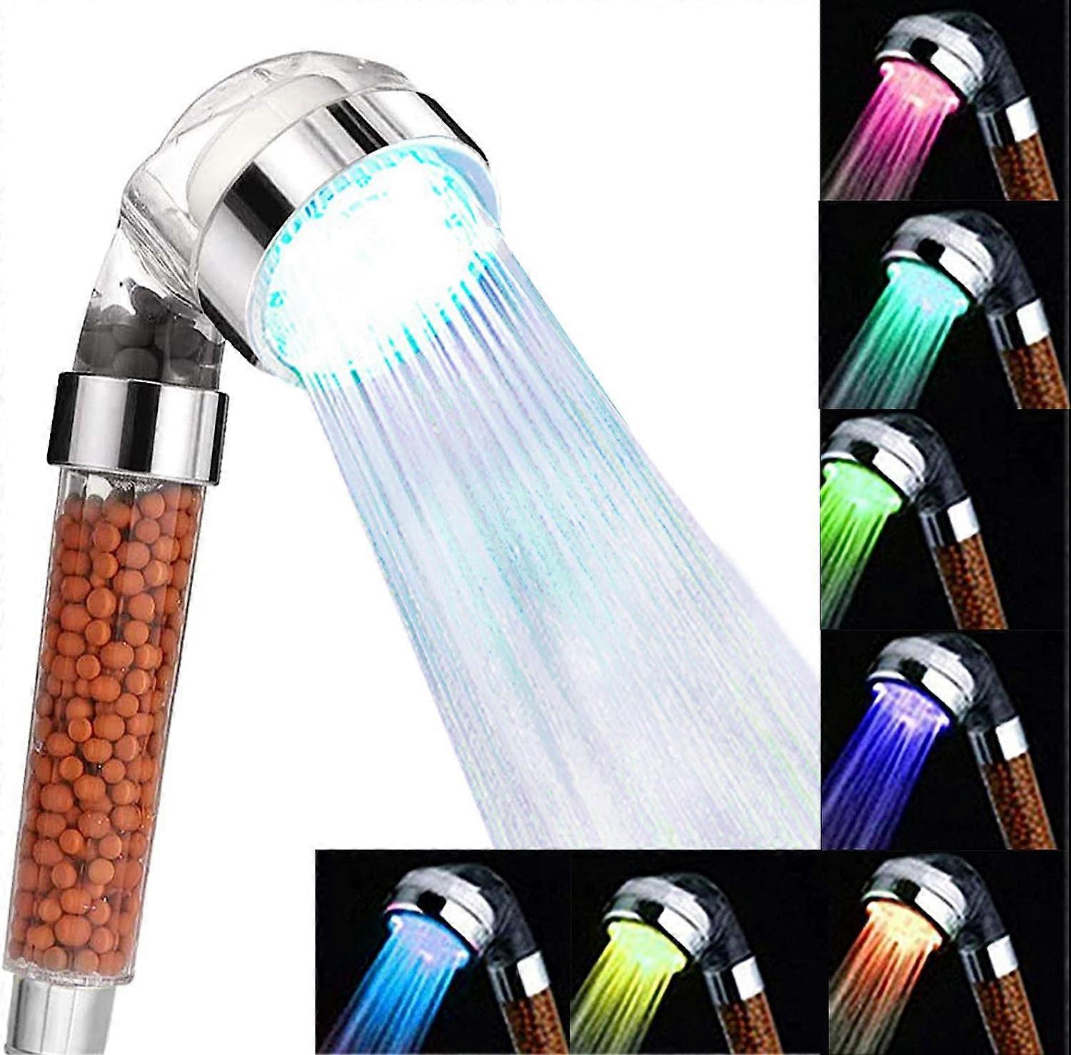 Shower Head Anti Limestone, Water Saving Pressure LED Shower Head with 7 Changing Colors, Transparent Handheld Shower with Ion Filter and Stone for Sp