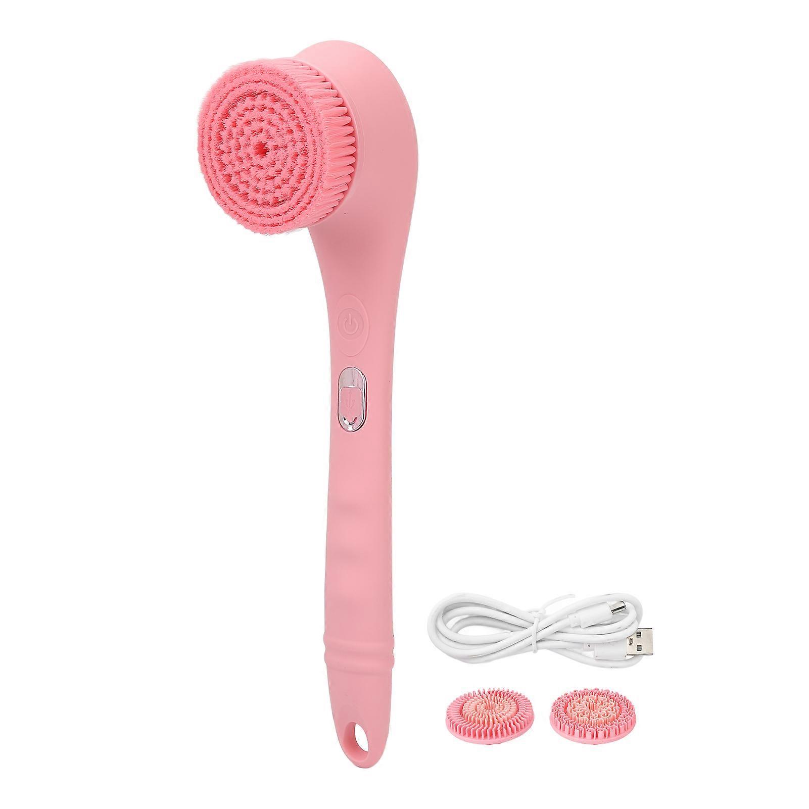 Electric Bathing Brush Set 360 Degrees Rotating Long Handle Body Cleansing Scrubber With 3 Heads Pink