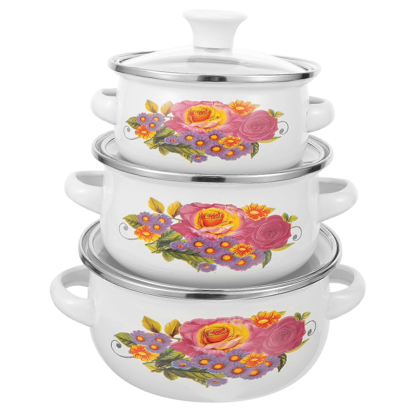 3 pcs Small Pots Kitchen Enamel Pot Stackable Pan Cooking Pots Stock Pot with Lids