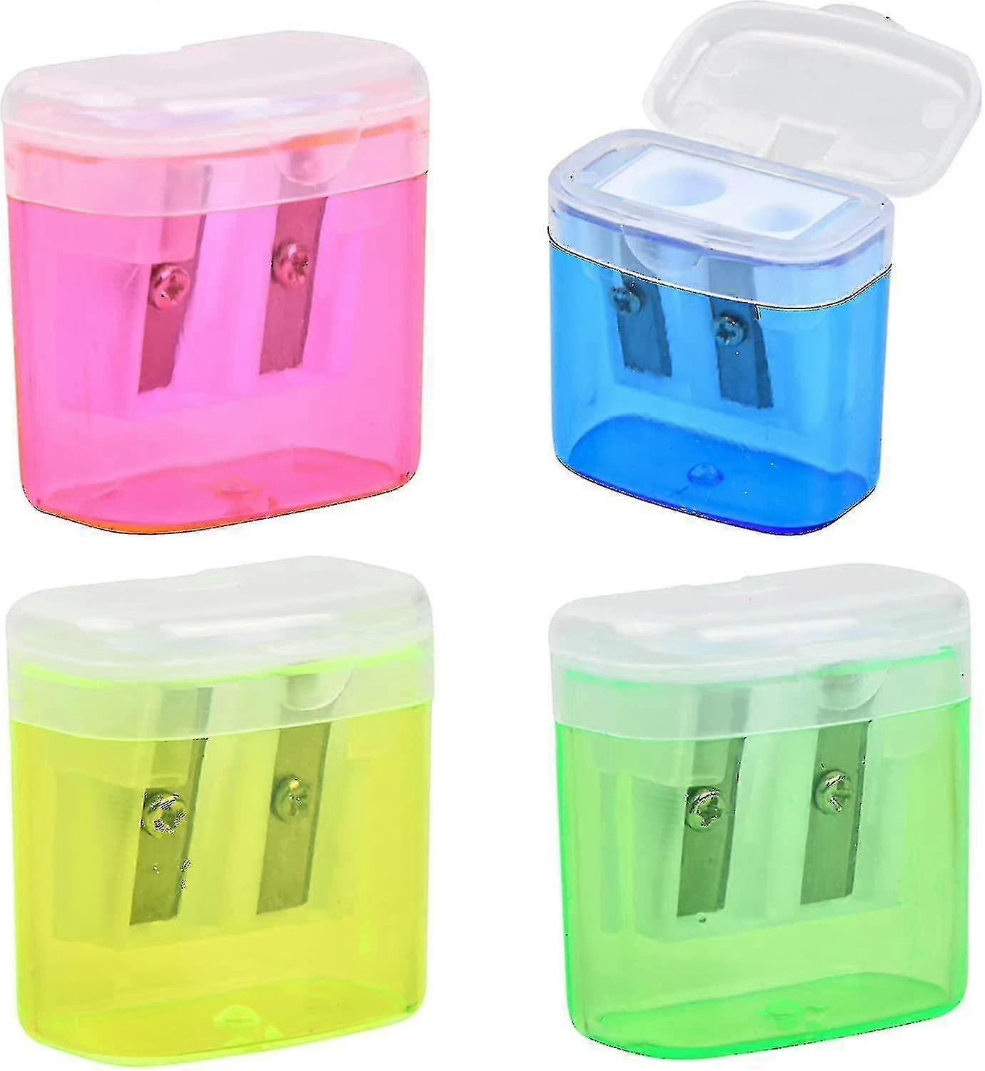 مجموعة من 4 البلاستيك الملون المزدوج ثقب دليل مبراة قلم رصاص مع غطاء للأطفال، مدرسة، مكتب، المنزل