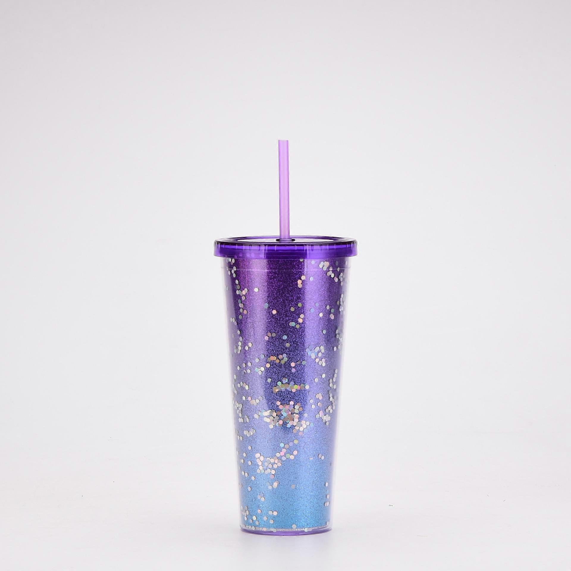 New double-layer plastic straw cup creative paper card sequined water cup high-value gradient color large-capacity cup