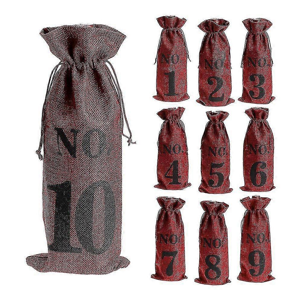 Burlap Wine Bags for Blind Wine Tasting and Wedding Table Numbers - Set of 10