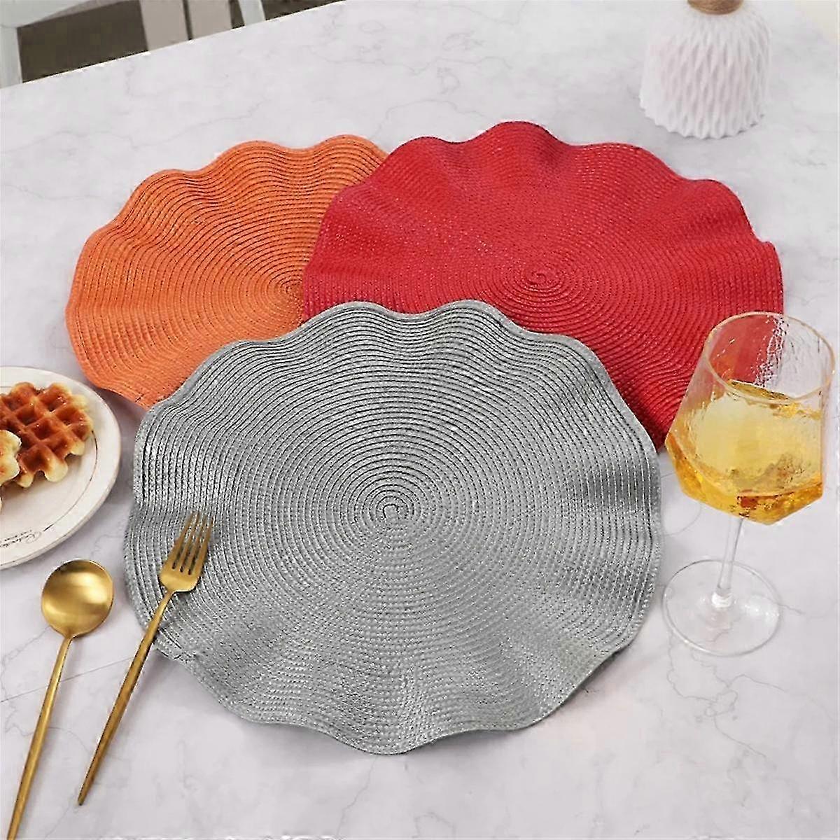 Set Of 8 Round Placemats With Weave Design Heat-resistant Table Mats Washable With Corrugated Edge Non-slip Dining Table