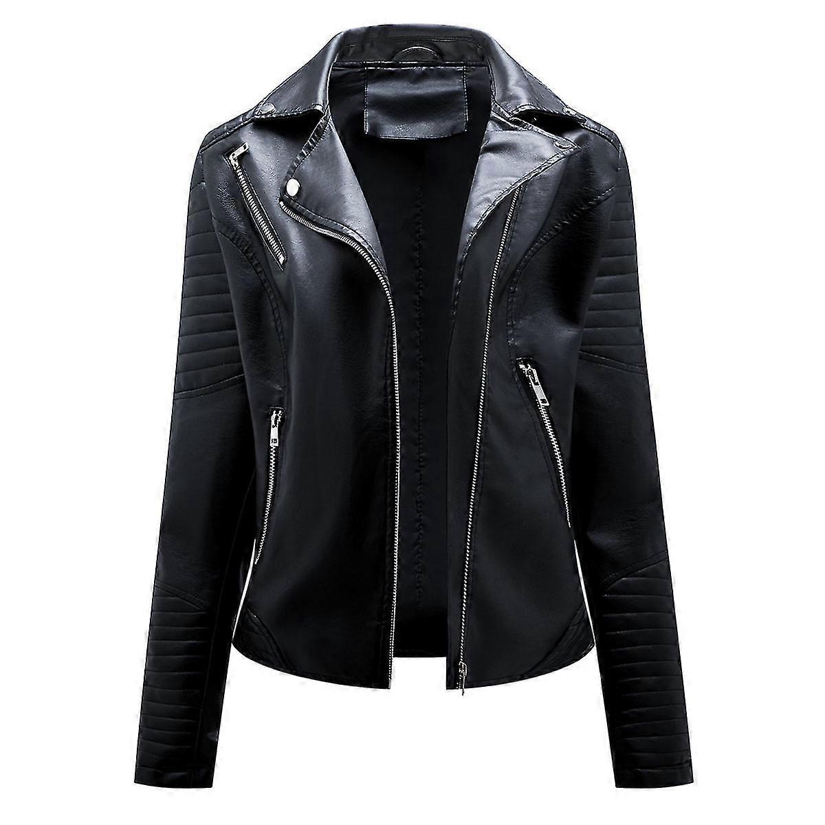 Naiwang Women's Solid Color Lapel Casual Cropped Slim Leather Jacket