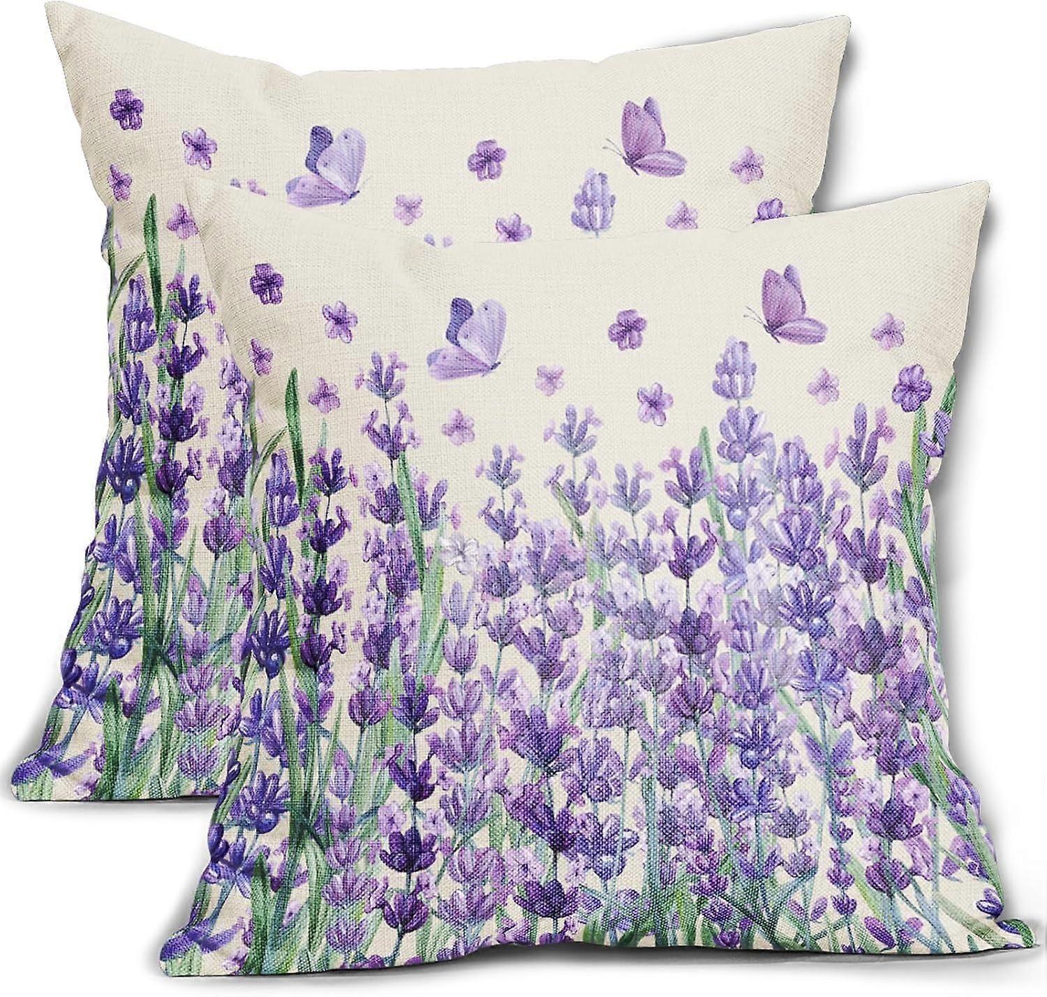 Purple Floral Lavender Pillow Covers 20x20 Set of 2 Spring Summer Watercolor Flower Butterfly Sage Green Leaves Print Decorative Throw Pillow Cases Ou
