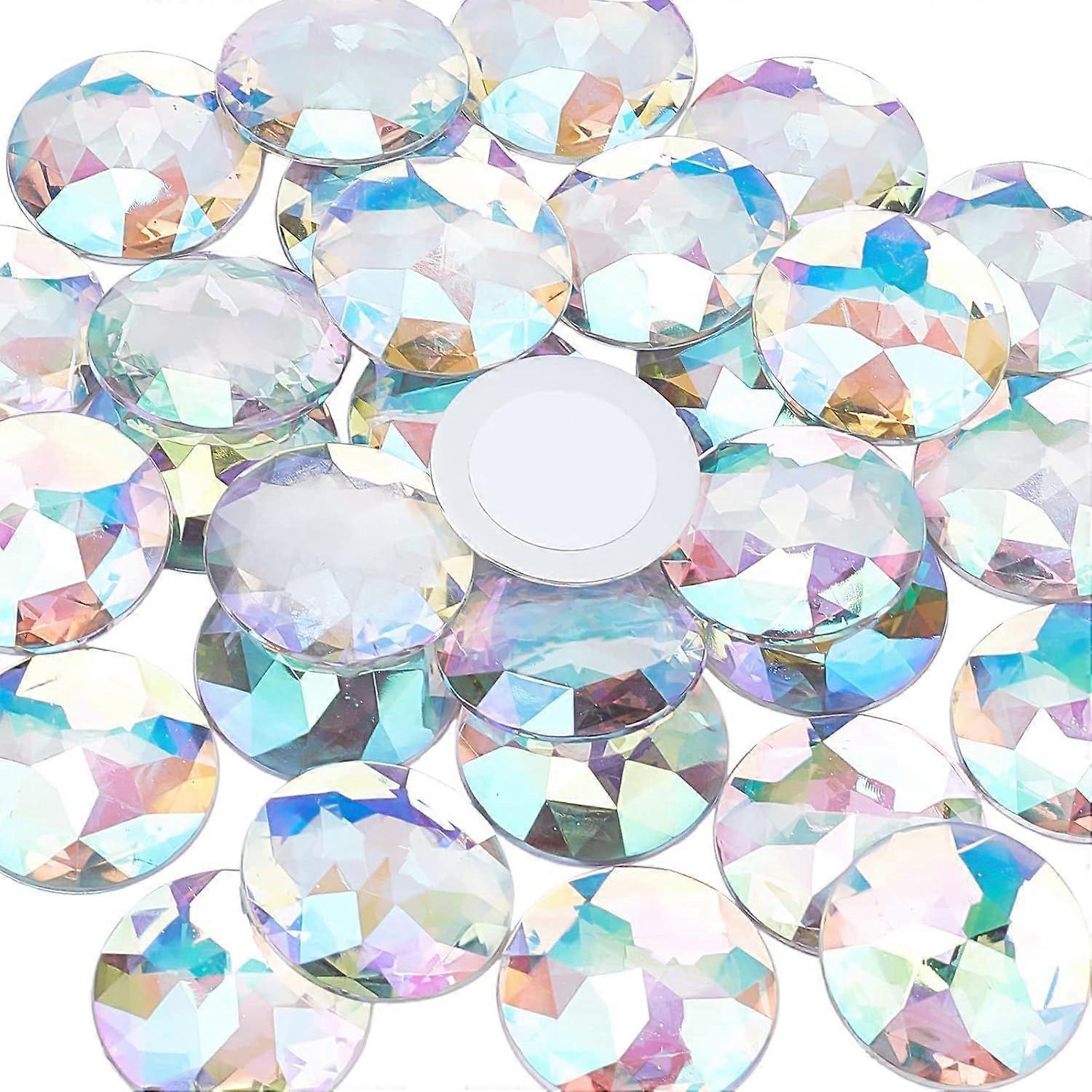 30Pcs 30mm Flat Back Round Acrylic Rhinestones with Container Self-Adhesive Crystal Circle Gems Sparkling Plastic Stickers for Costume Making Cosplay
