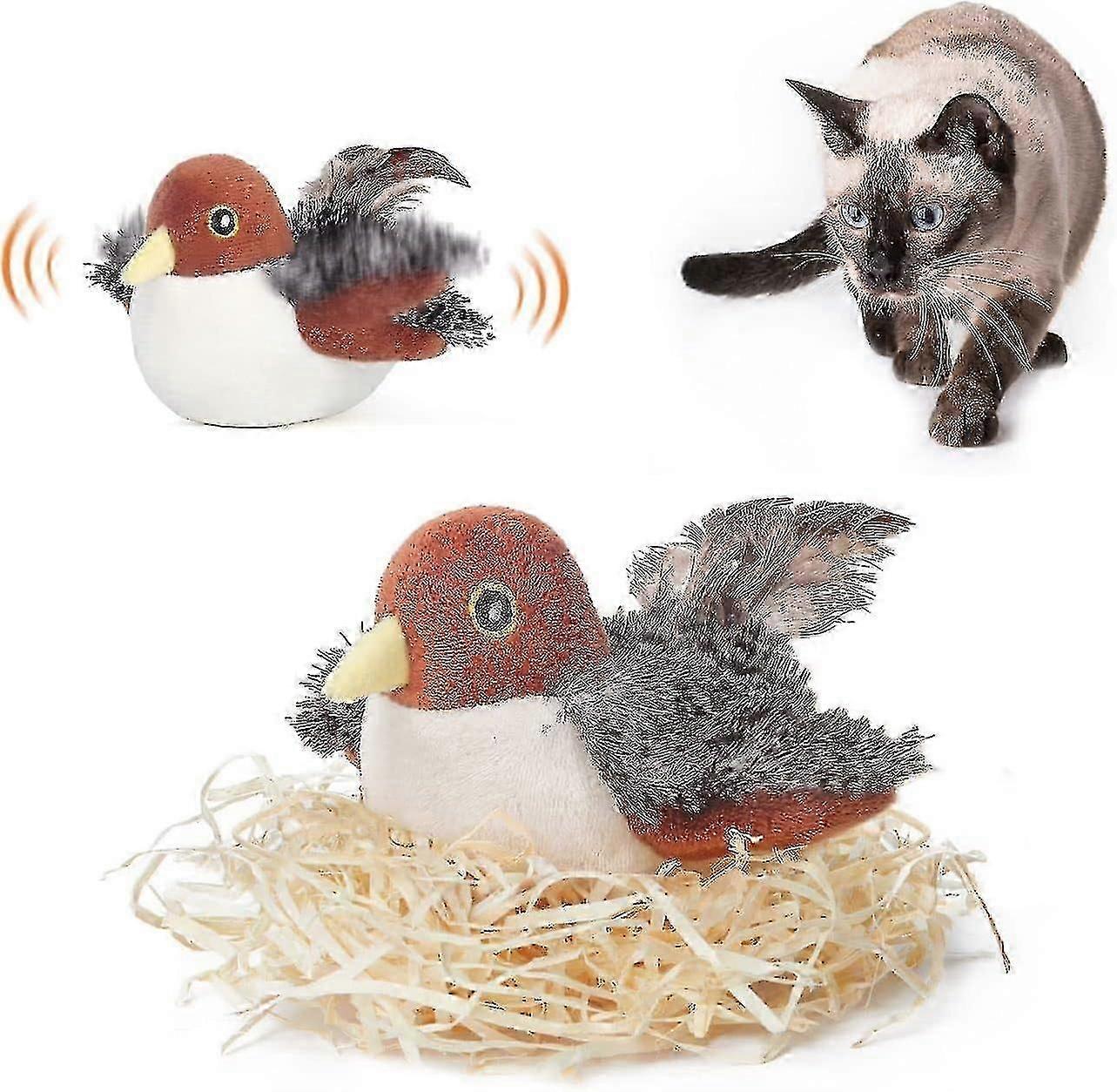 Rechargeable Flapping Bird Sparrow Cat Toy - Lifelike Chirp Tweet, Touch Activated
