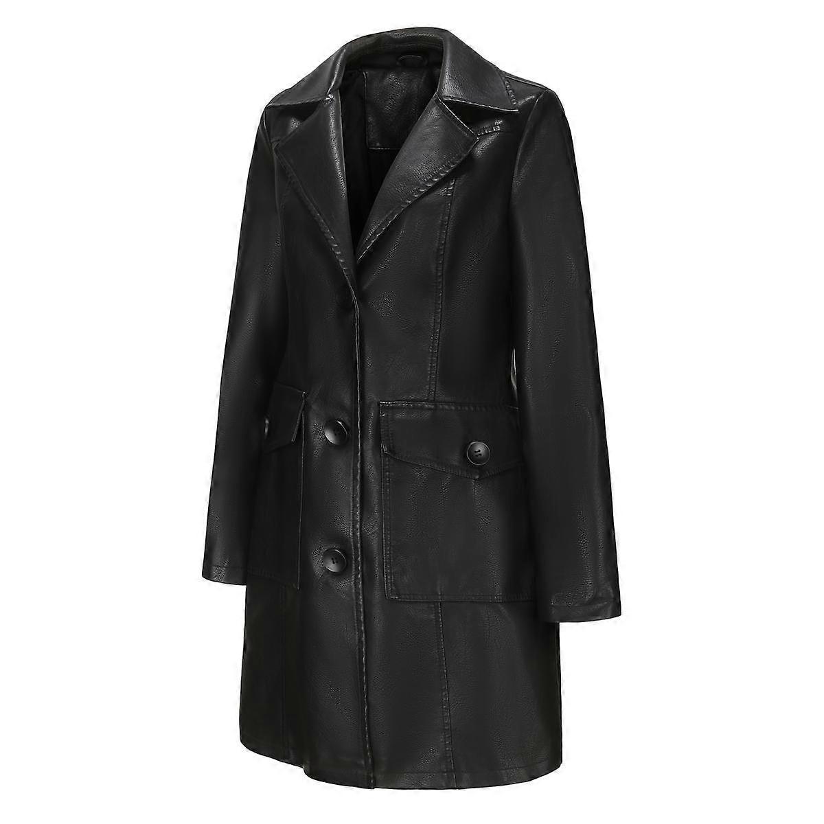 Faux Leather Walking Coats Women’s Long Trench Coat Single Breasted Lapel Long Sleeves Pockets Classic Overcoat Autumn Winter Outerwear