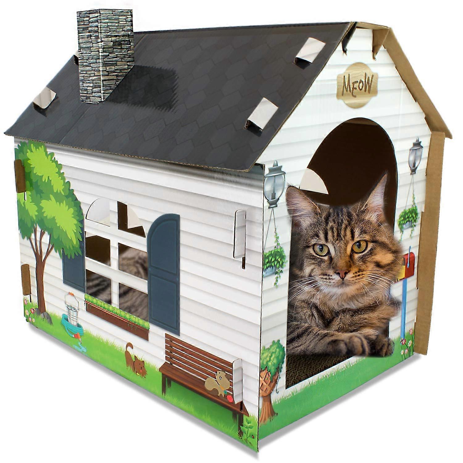 Cat Cat House Hideaway Playhouse with Cat Scratch Pad 19L x 13W x 17H for Indoor Cats, Durable Material
