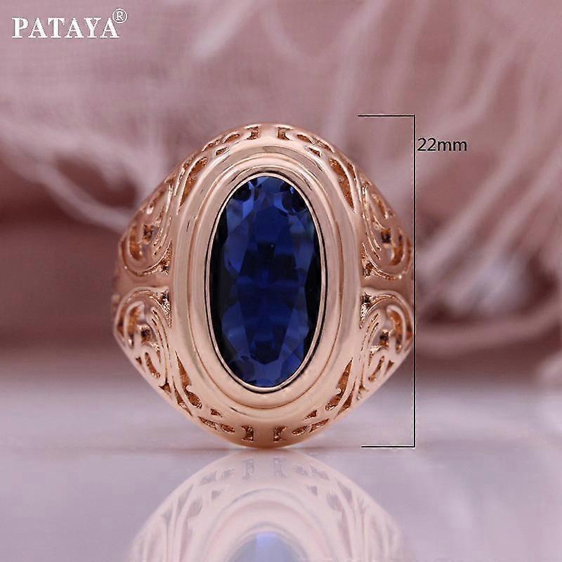 PATAYA Rose Gold Color Inlaid Blue Artificial Zircon Classical Hollowing Women's Ring