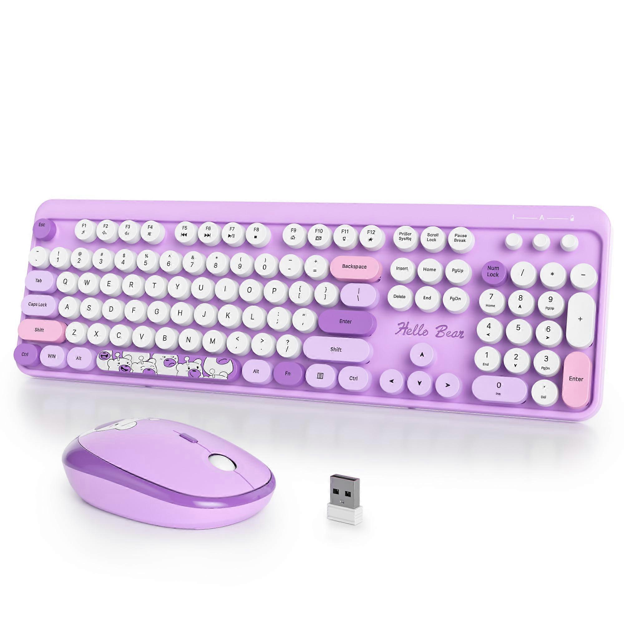 Wireless Retro Punk Cute Purple Keyboard and Mouse Combo for Office Laptop PC Desktops Full Size