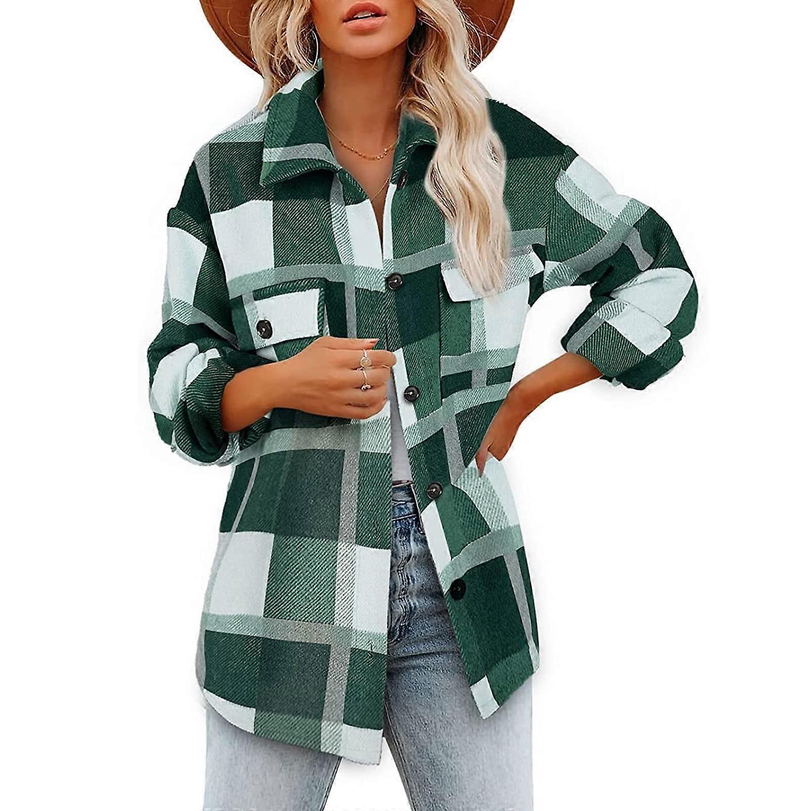 Womens Plaid Shacket Long Sleeve Button Down Flannel Shirt Color Block V Neck Casual Jacket for Fall Style