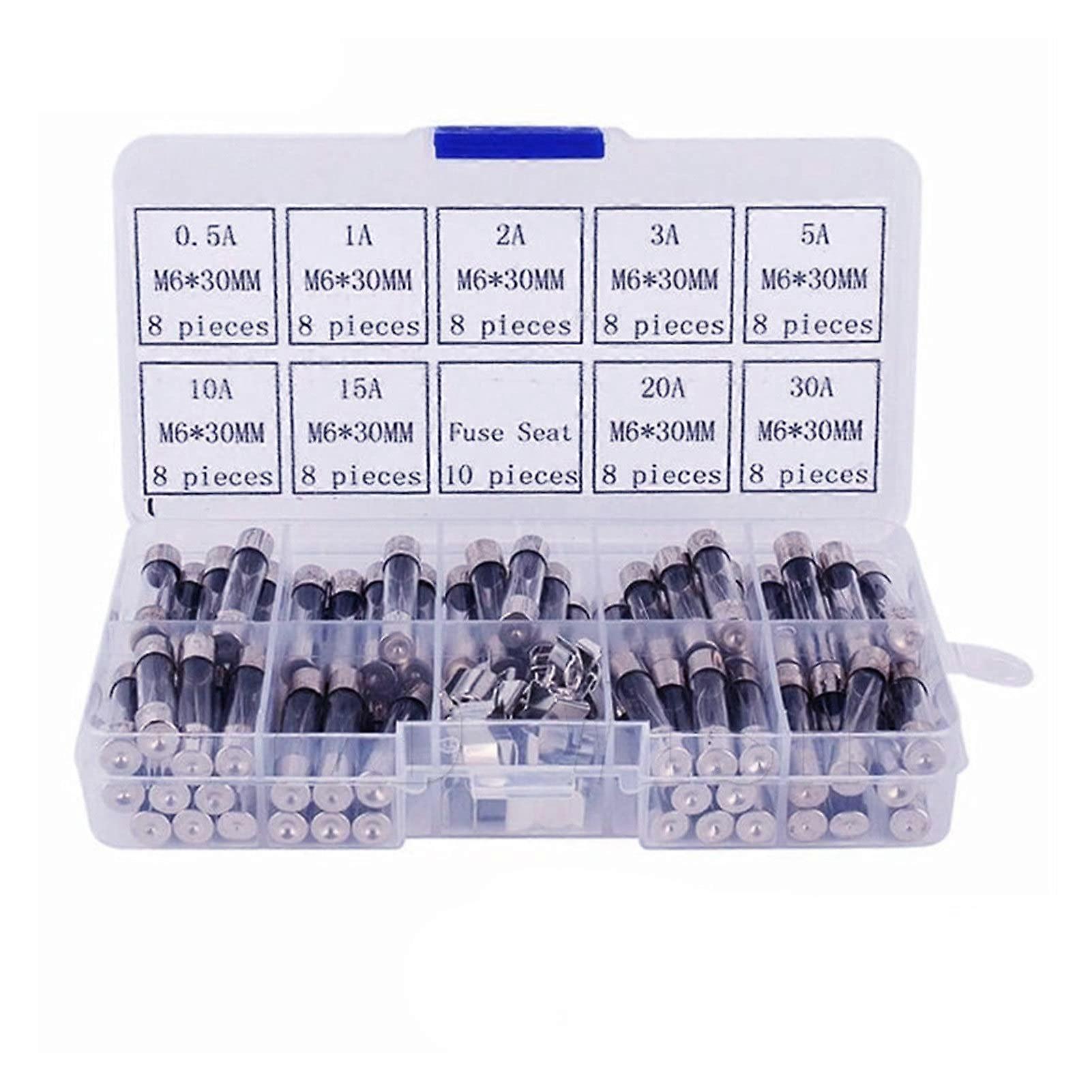 72pcs 6x30mm Fuse Assorted Kit FastBlow Glass Fuses 0.5A 1A 2A 3A 5A 10A 15A 20A 30A AMP