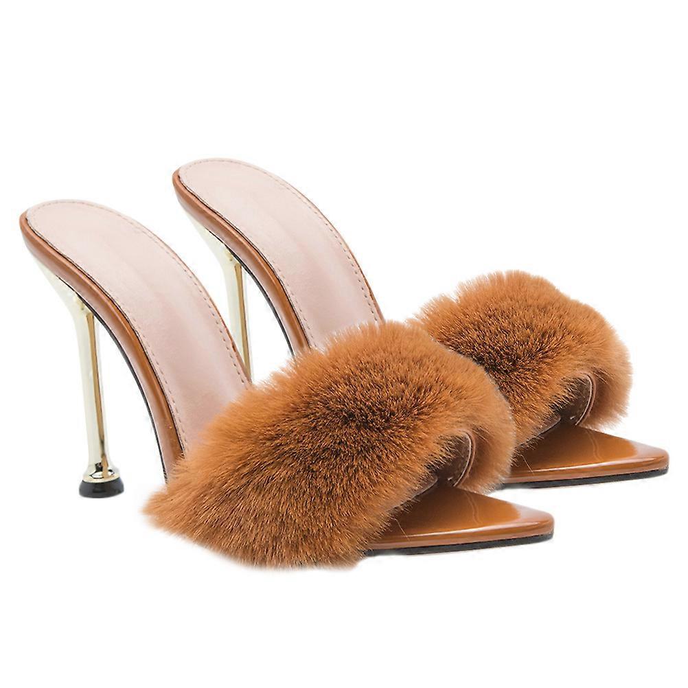 1 Pair Girl Stylish High heeled Sandals Fluffy Decor Sandals Thin Heel Sandals