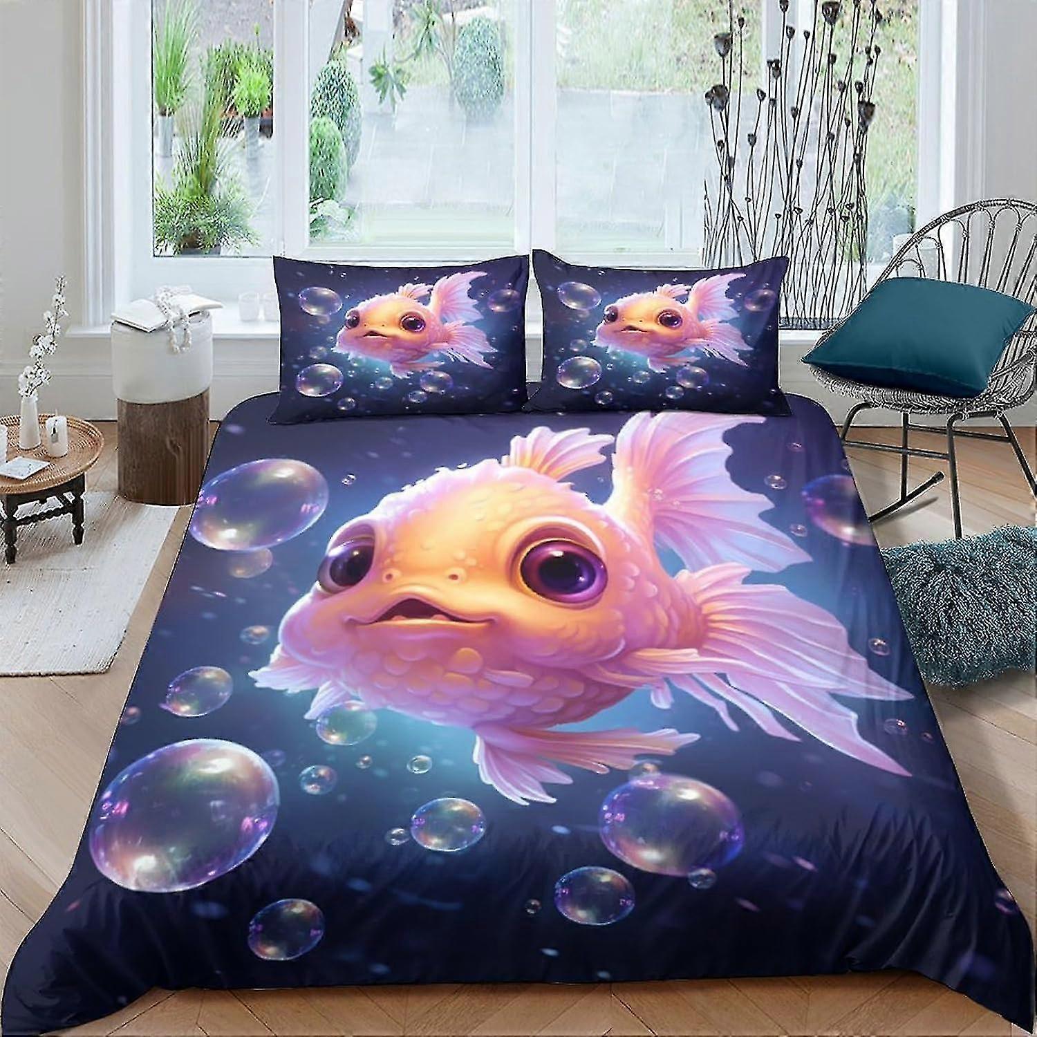 Housse de couette Goldfish Ensemble 3 pièces Ensemble de literie unilatérale Housse de couette en microfibre ultra douce avec taies d’oreiller Double