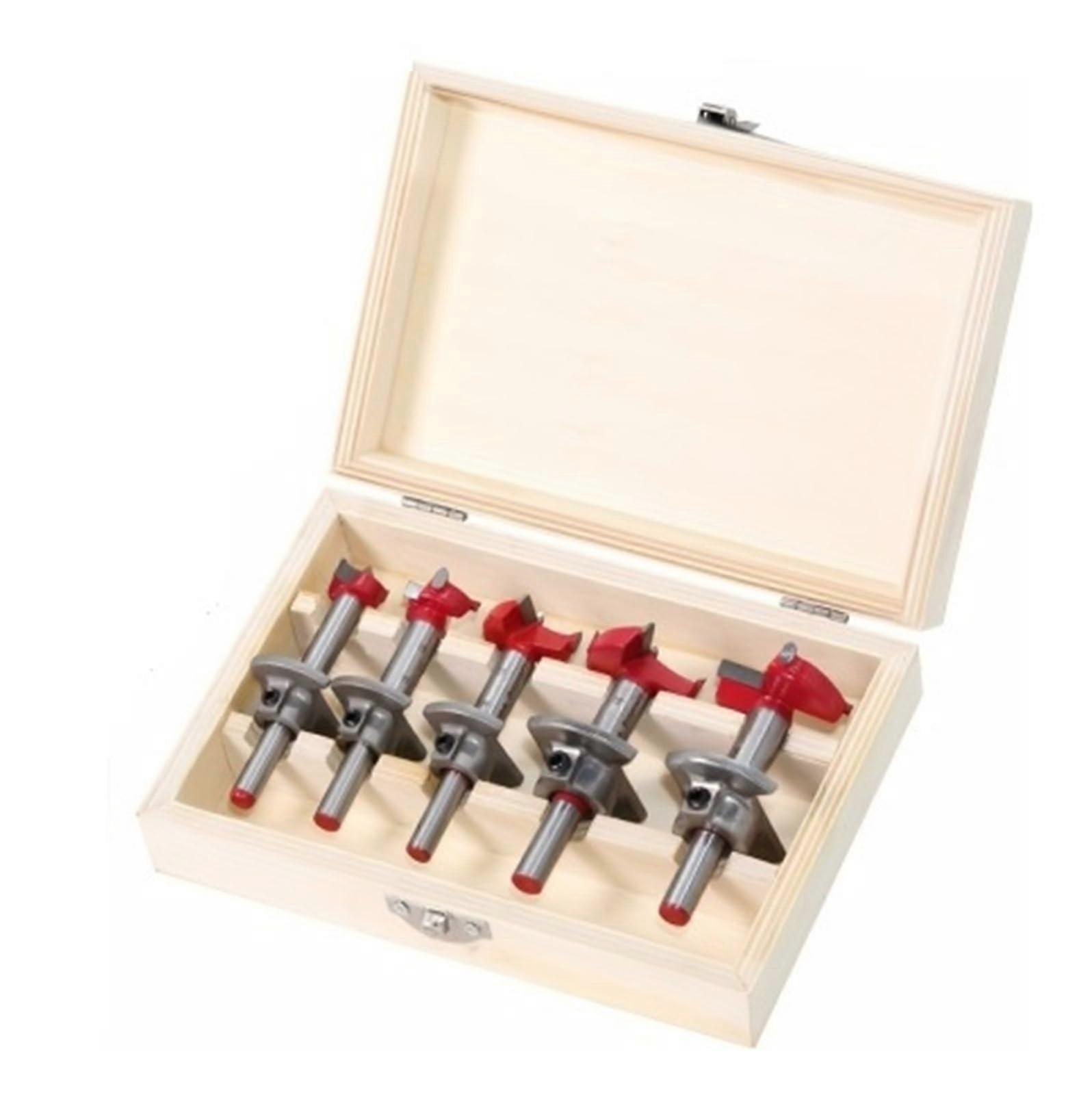 5piece adjustable hinge hole expander set – flat wing carbide drill bit for woodworking – 15–35 mm – includes wooden box Round Y045pcs Box