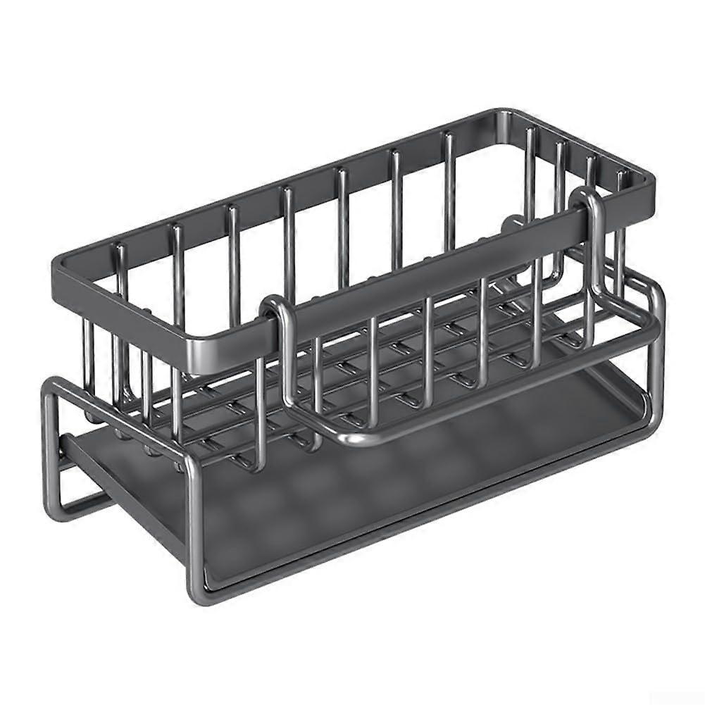 Functional Sponge Holder for Kitchen Sink, Metal Drain Rack with Storage Shelf, Grey with Pole