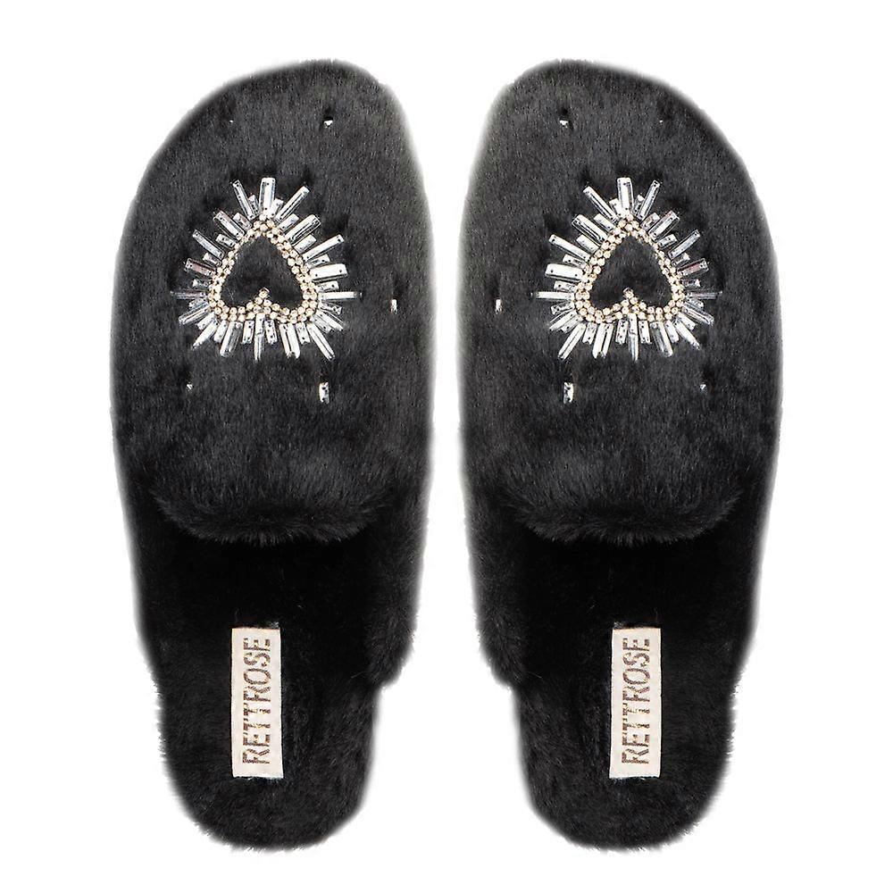Noelle black luxury faux fur comfortable heart diamanté embellished women’s handmade slippers