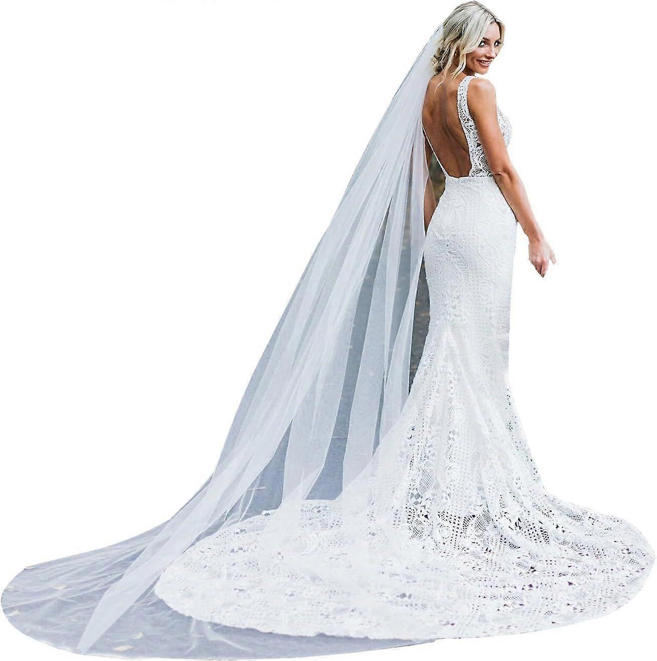 Cathedral Wedding Veil 1 Tier Long Bridal Veil With Metal Comb White