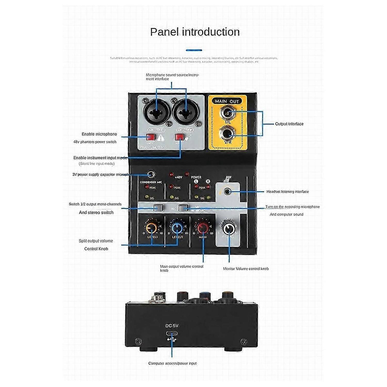 2-Way Recording Mixer USB Computer External Sound Card DJ Mixer