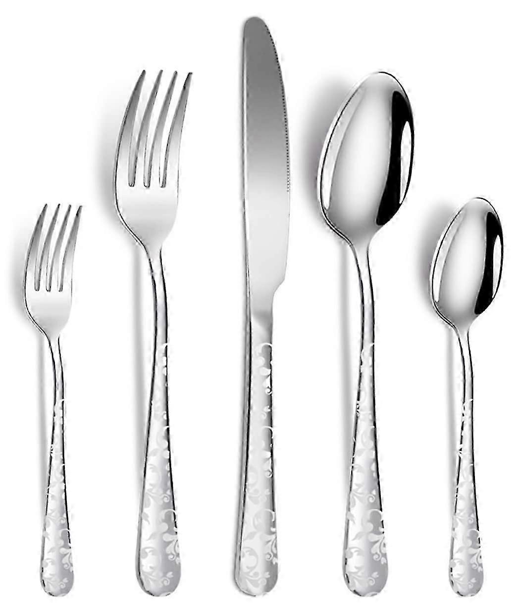 5-Piece Stainless Steel Flatware Set - Unique Pattern Knife, Fork, Spoon, Dishwasher Safe