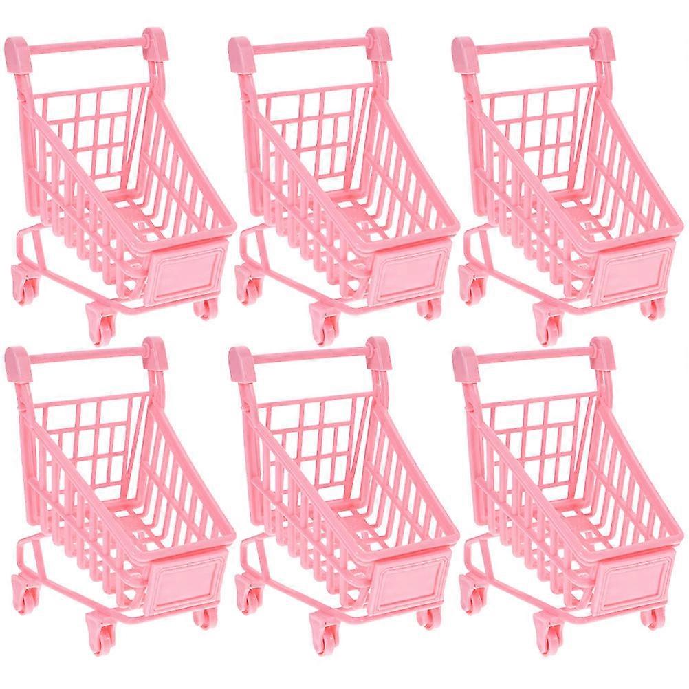 Pink Mini Shopping Cart for Storage Sundries 6Pcs Home Office Trolley