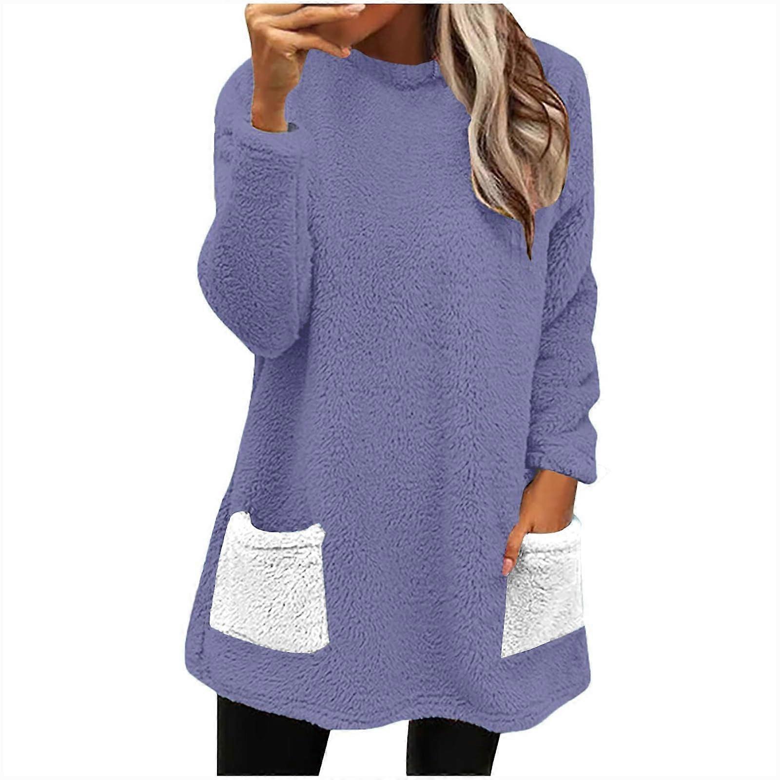 Women's Wool Sweatshirt Turtleneck Autumn and Winter Warm Sweater Plus Size Waist Pullover with Pockets  Purple XL