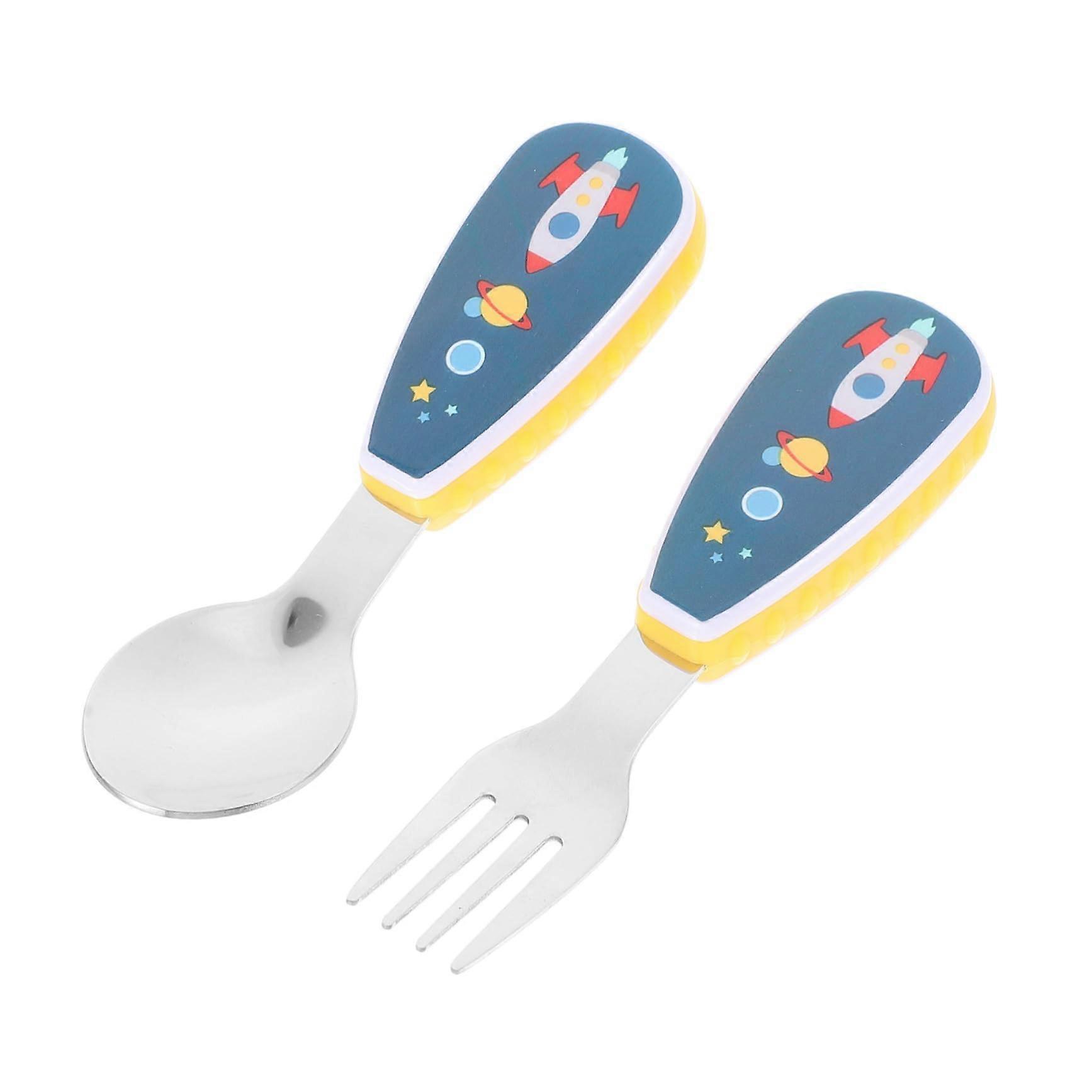 Stainless Steel Utensils Cartoon Handle Kids Fork And Spoon Portable CorrosionResistant With Rocket Storage Box