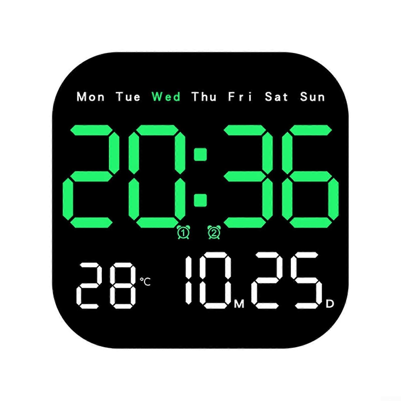 LED Wall Clock Large Screen Day/Date Temperature Sensor Adjustable Brightness Alarm/Timer Remote USB Powered ABS Green